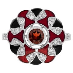 Garnet White Sapphire and Enamel Art Deco Style Halo Ring in 9K White Gold