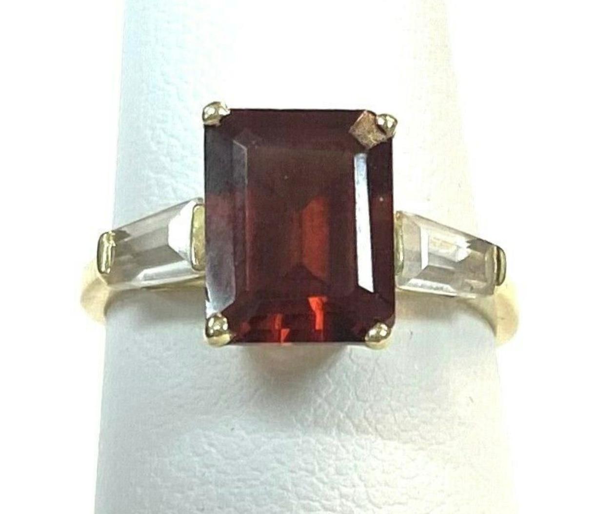 Contemporary Garnet With Diamond Baguettes 14K Yellow Gold Ring For Sale