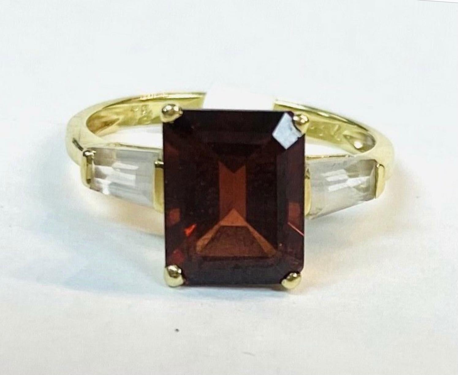 Baguette Cut Garnet With Diamond Baguettes 14K Yellow Gold Ring For Sale