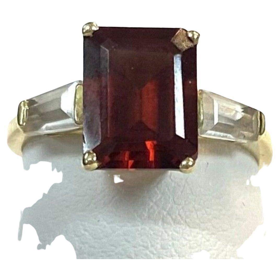 Garnet With Diamond Baguettes 14K Yellow Gold Ring For Sale