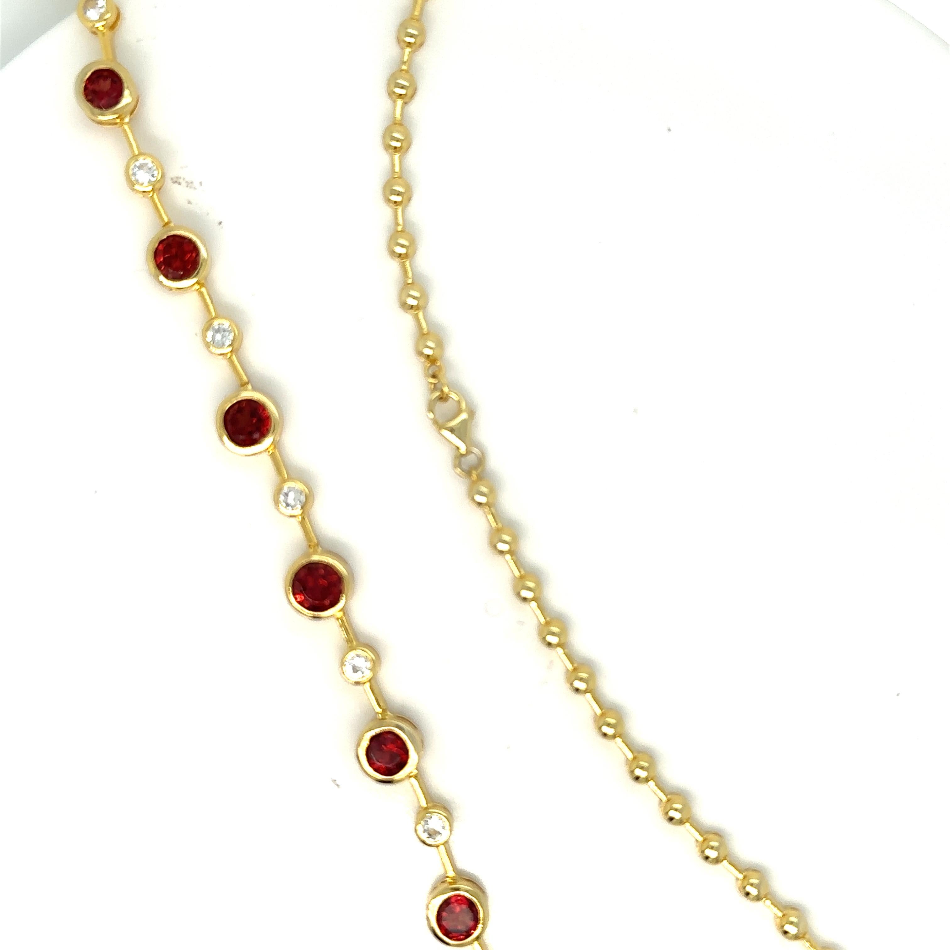 Modernist Garnet with White Sapphire Necklace in Yellow Plated Sterling Silver For Sale