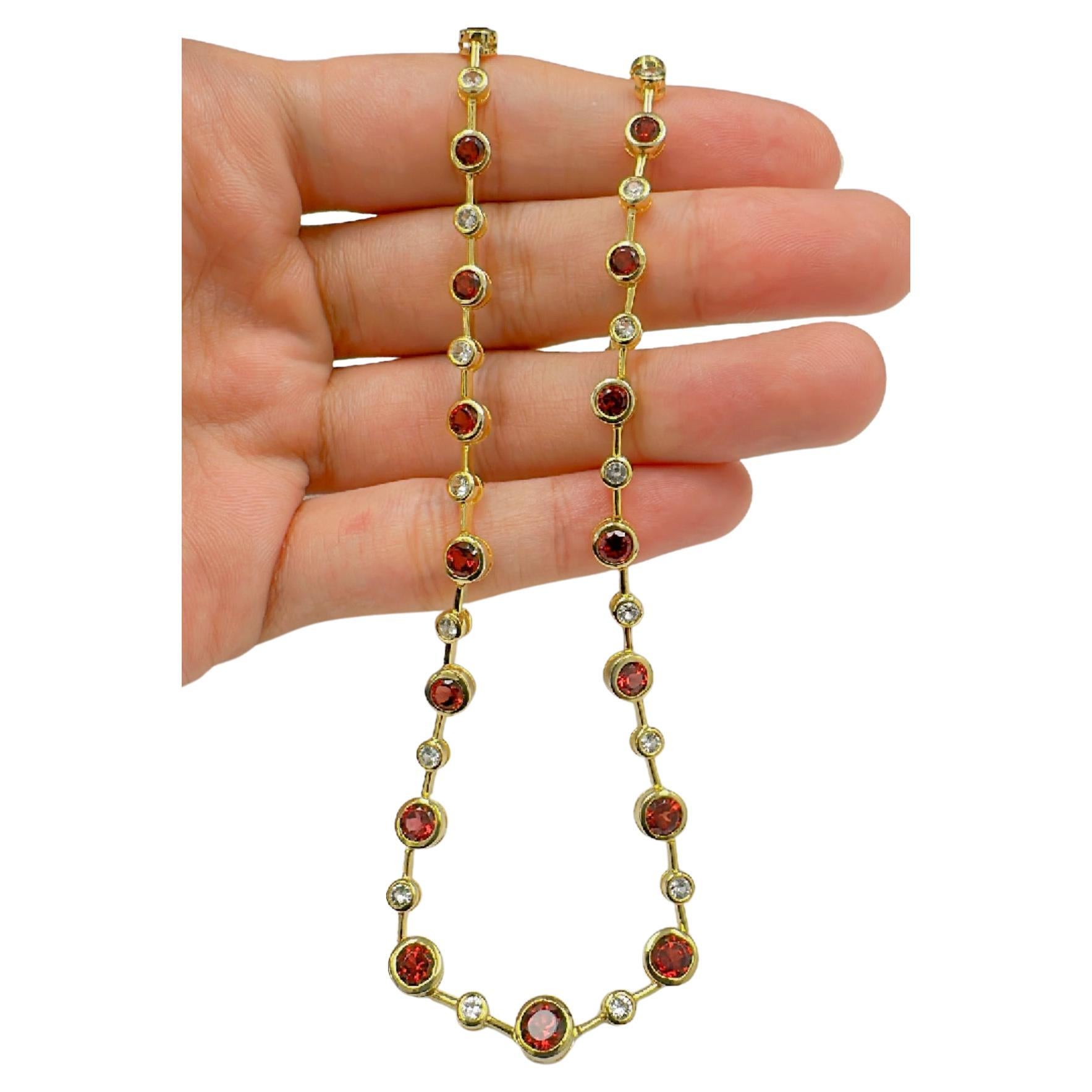 Round Cut Garnet with White Sapphire Necklace in Yellow Plated Sterling Silver For Sale