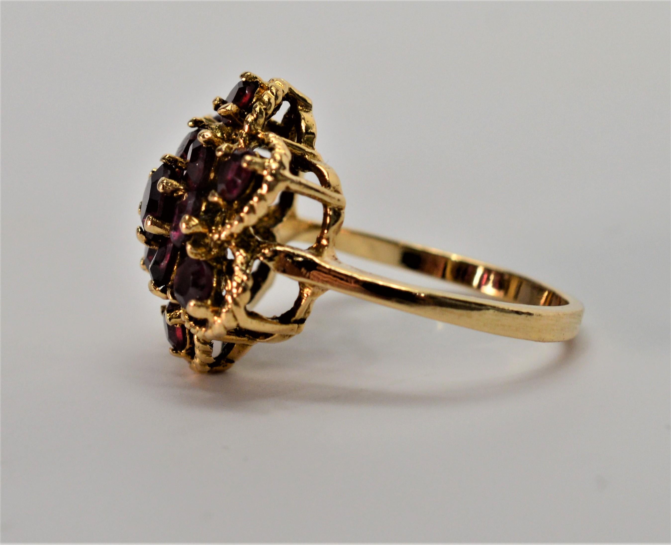 Garnet and Yellow Gold Floral Burst Cocktail Ring In Excellent Condition In Mount Kisco, NY