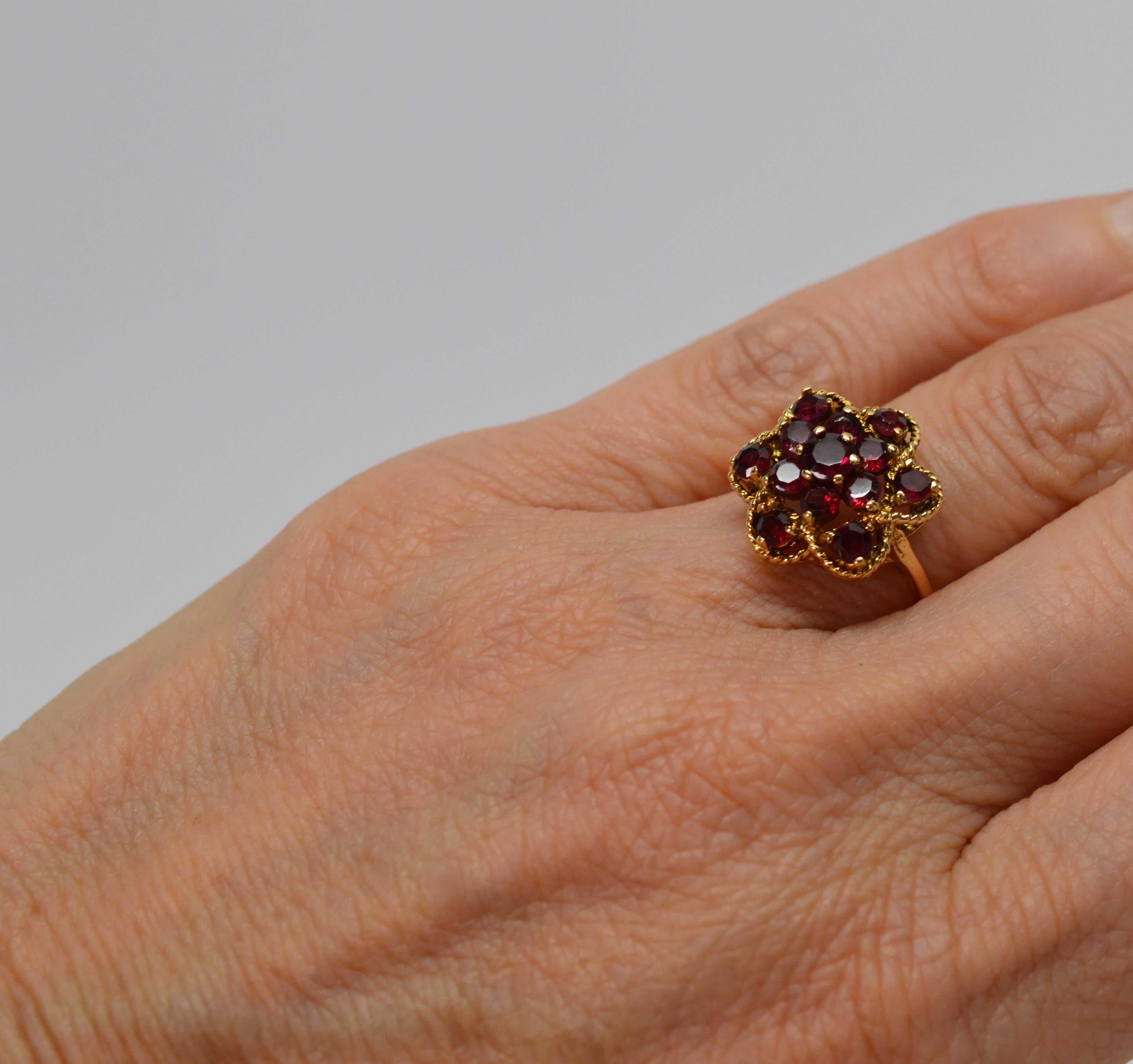 Garnet and Yellow Gold Floral Burst Cocktail Ring 1