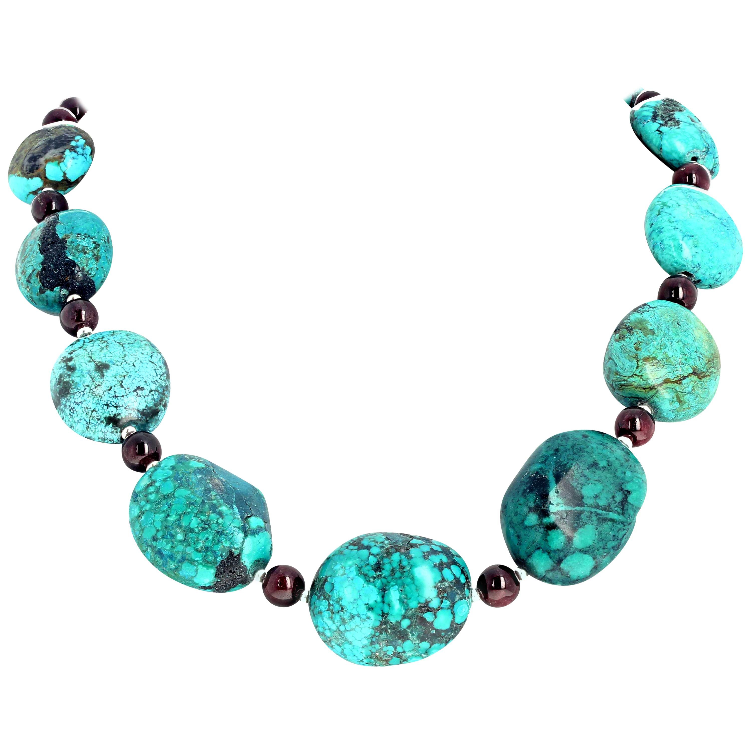 AJD Polished Glowing 19" Turquoise & Natural Red Garnets Necklace