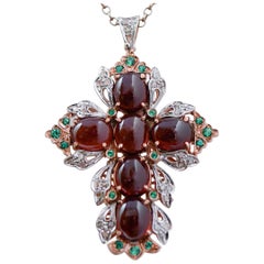 Vintage Garnets, Diamonds , Spinel, Rose Gold and Silver Pendant Necklace.