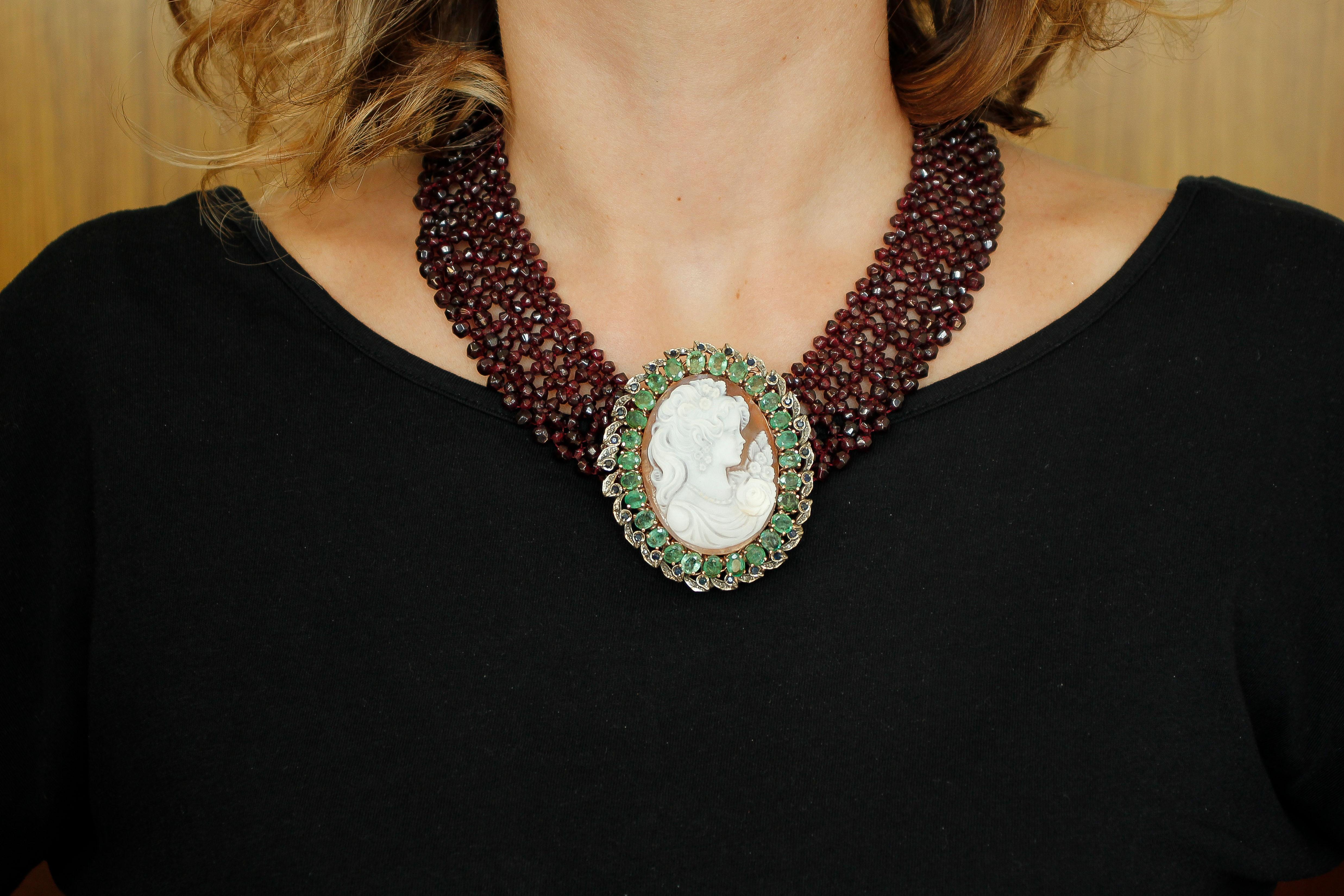 Garnets, Diamonds, Emeralds, Rubies, Cameo, 9 Karat Gold and Silver Necklace In Excellent Condition In Marcianise, Marcianise (CE)