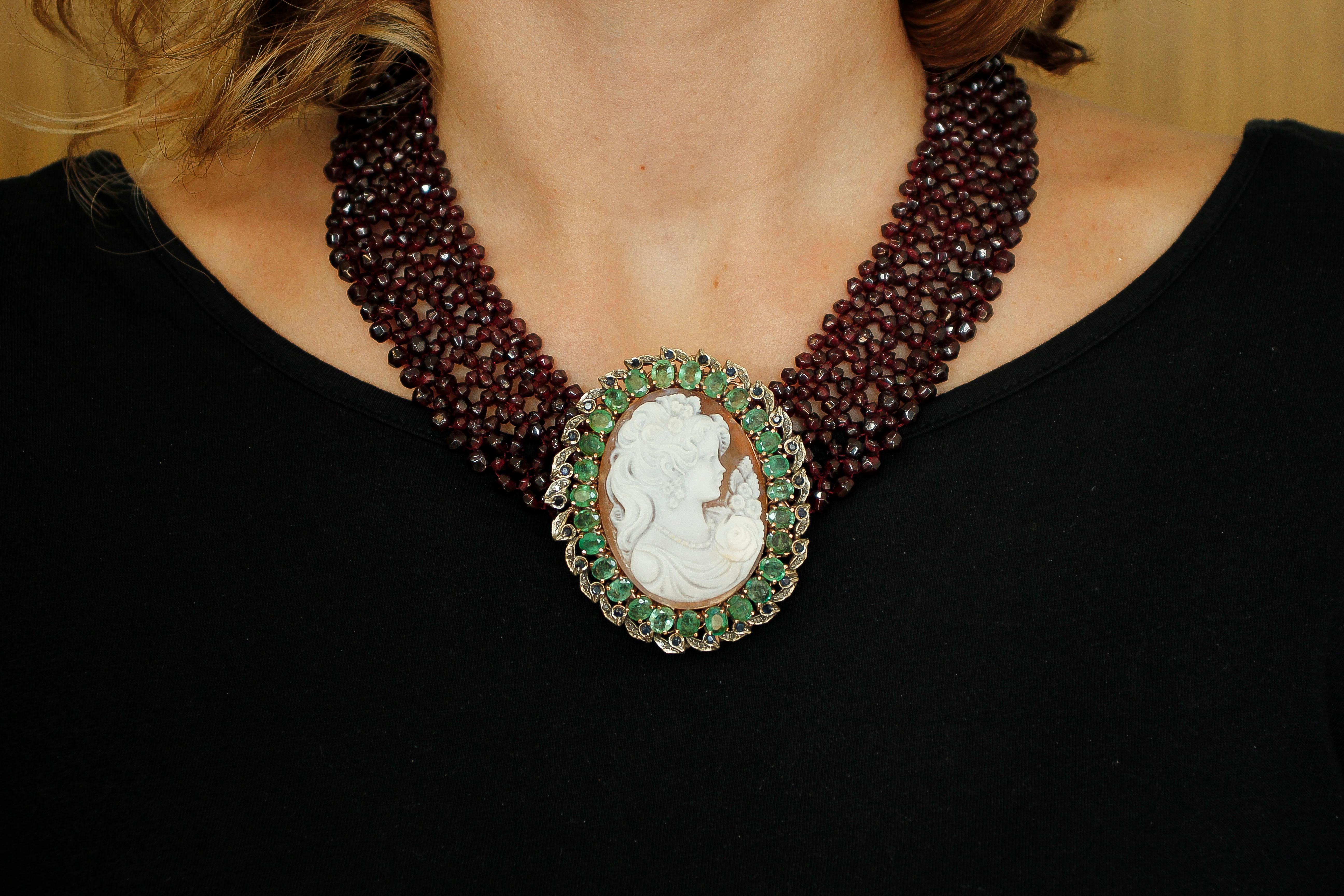 Women's Garnets, Diamonds, Emeralds, Rubies, Cameo, 9 Karat Gold and Silver Necklace