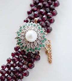 Garnets, Hydrothermal Spinel, Diamonds, Pearl, Rose Gold and Silver Necklace.