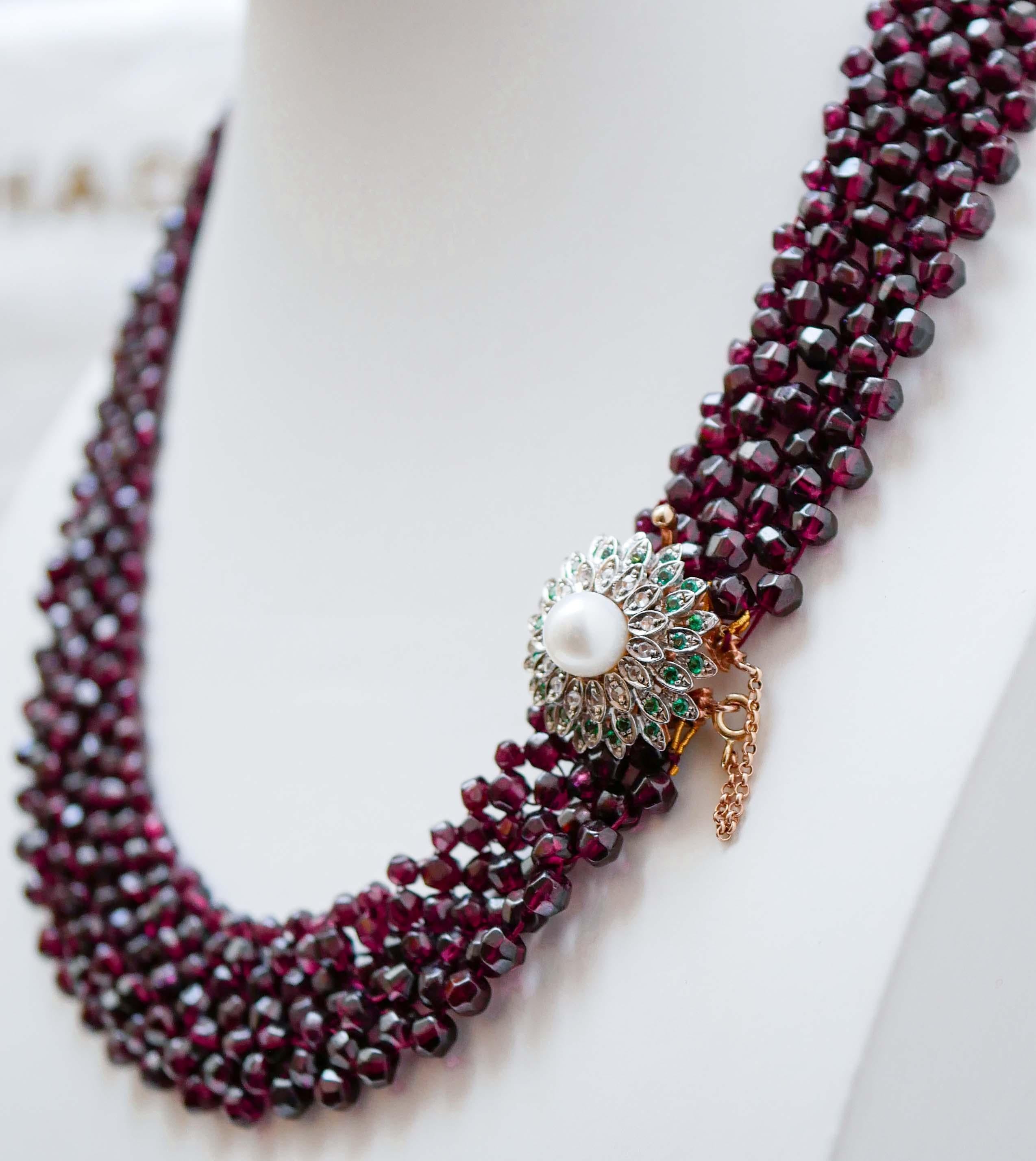 Retro Garnets, Hydrothermal Spinel, Diamonds, Pearl, Rose Gold and Silver Necklace. For Sale