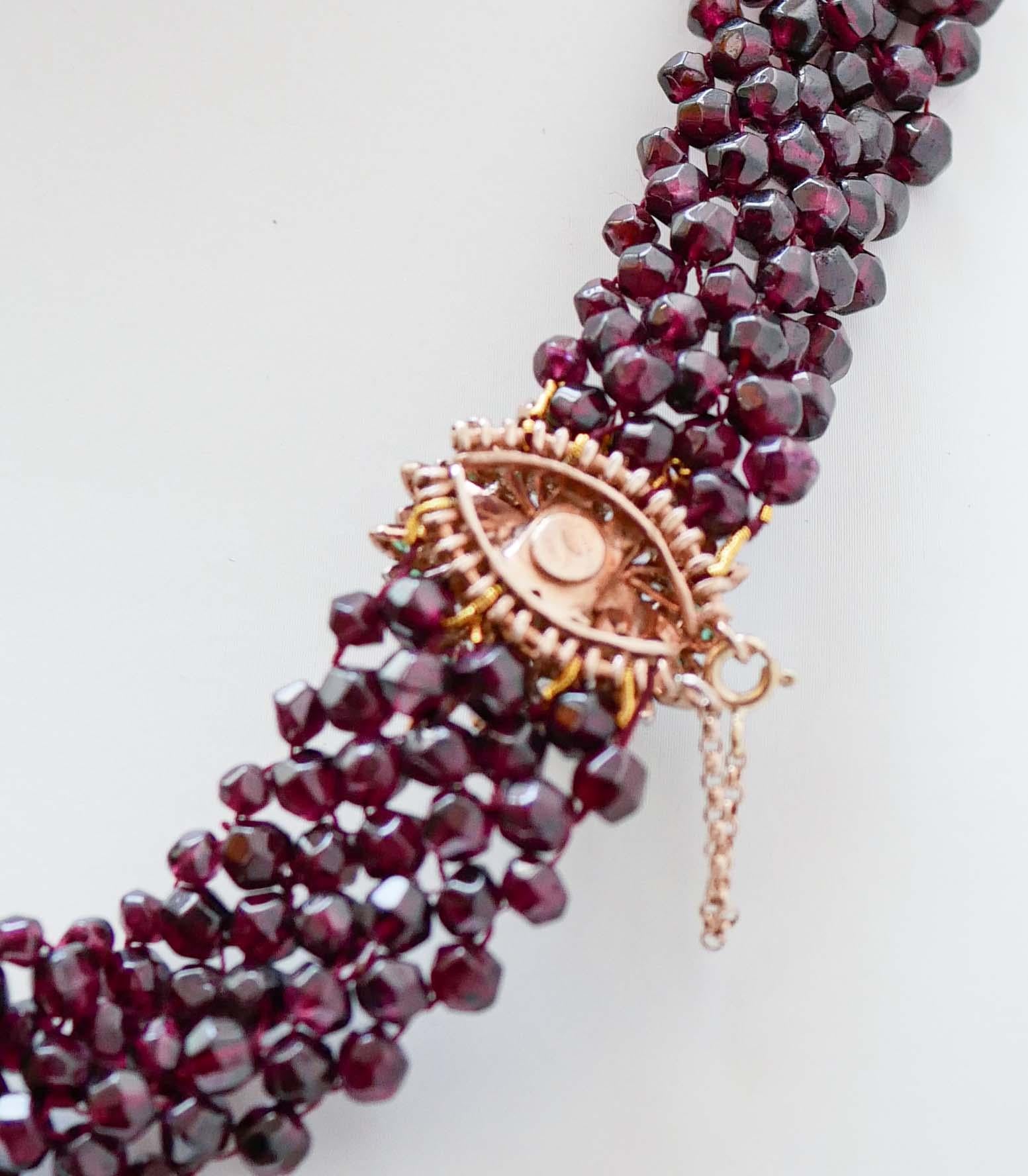 Mixed Cut Garnets, Hydrothermal Spinel, Diamonds, Pearl, Rose Gold and Silver Necklace. For Sale