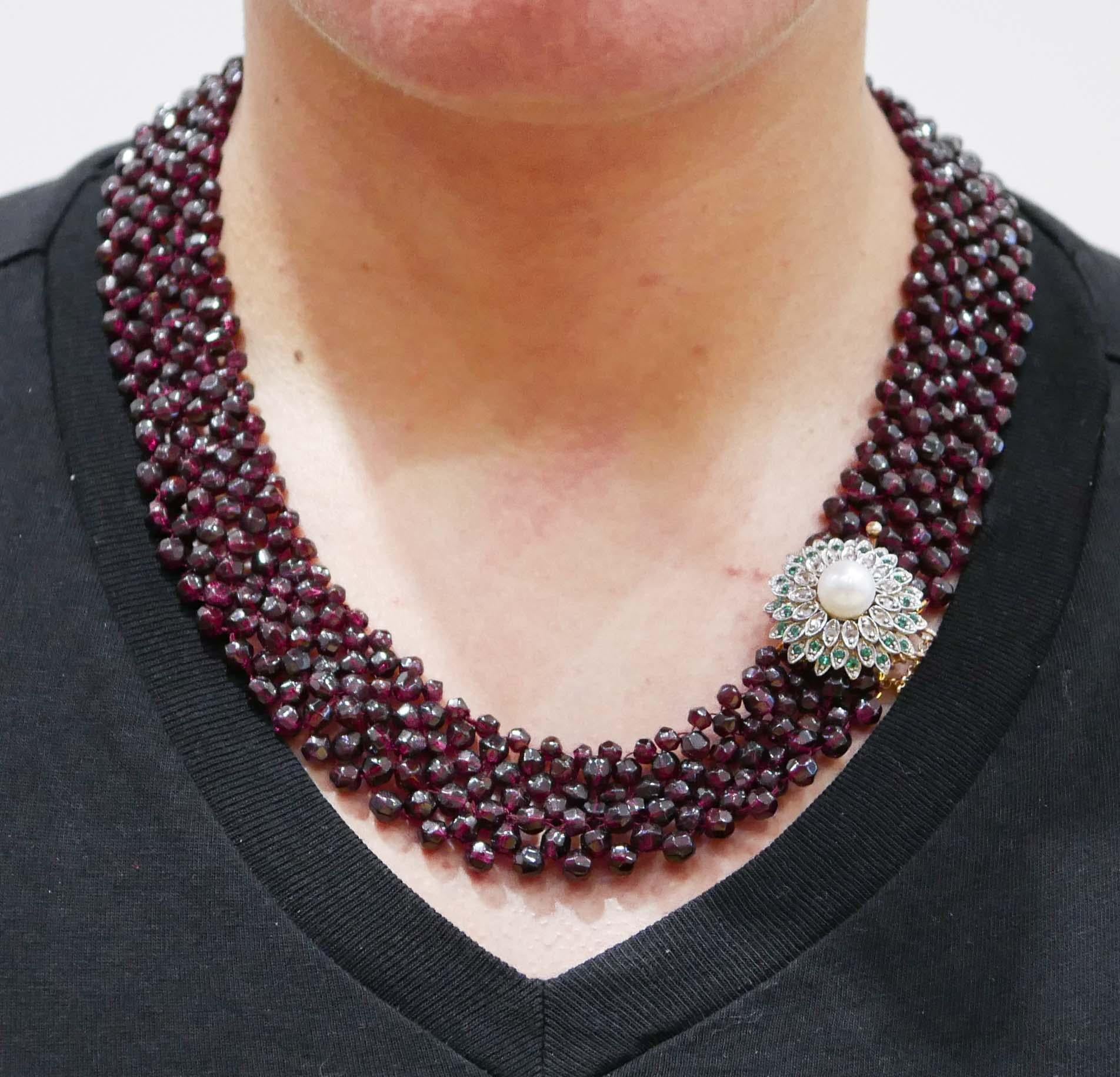 Women's Garnets, Hydrothermal Spinel, Diamonds, Pearl, Rose Gold and Silver Necklace. For Sale