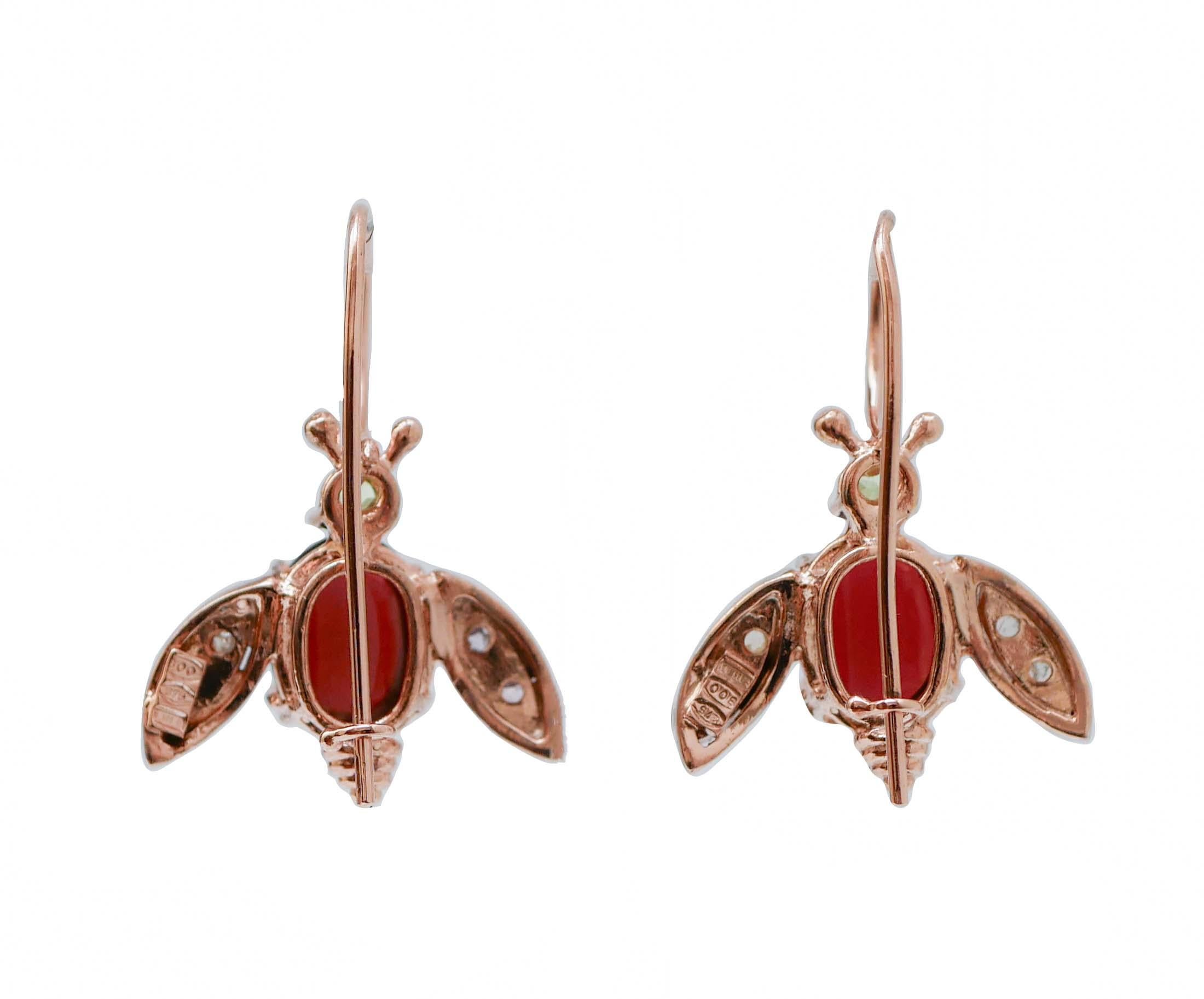 Retro Garnets, Peridots, Diamonds, Rose Gold and Silver Fly Earrings. For Sale