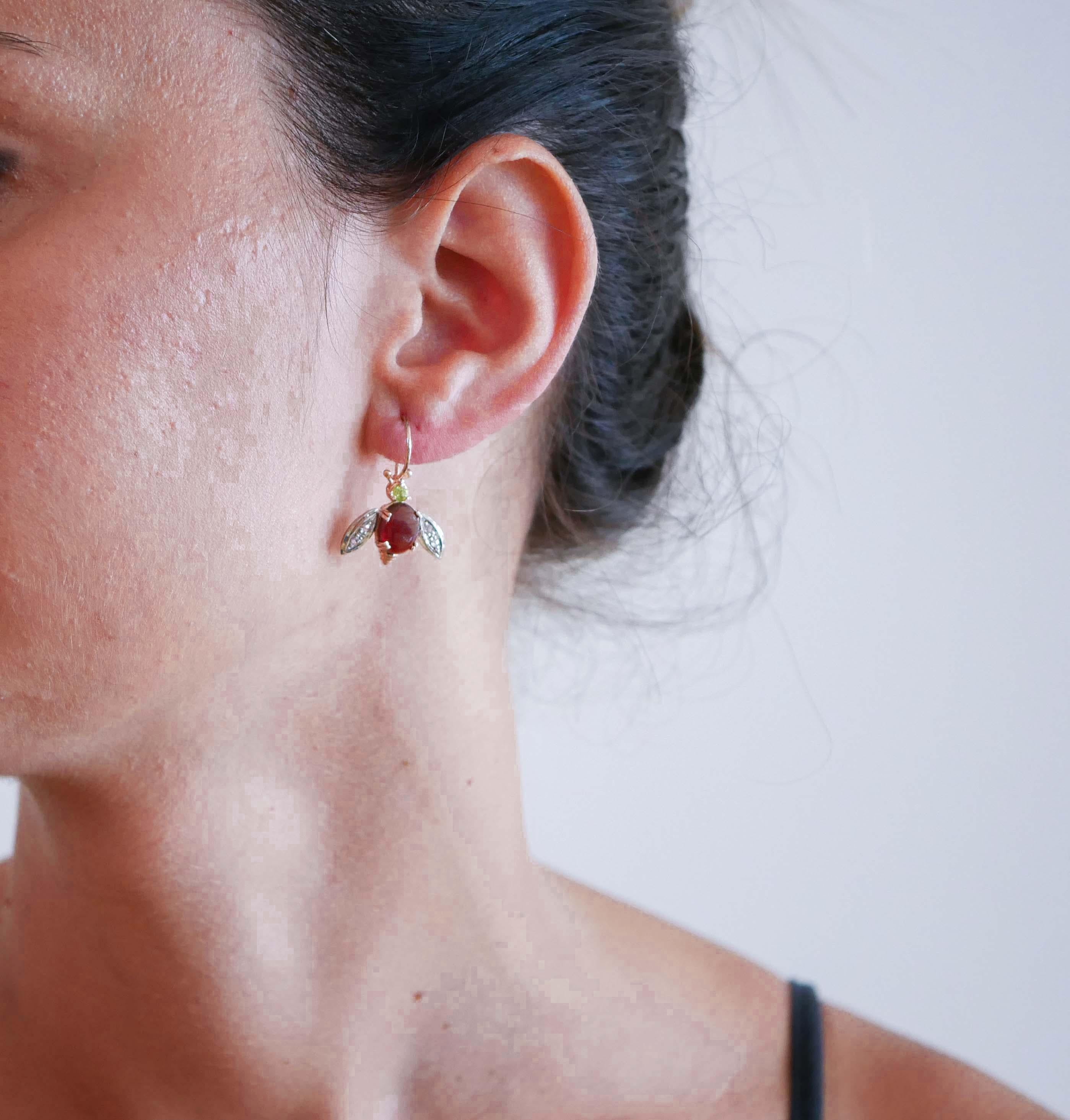 Mixed Cut Garnets, Peridots, Diamonds, Rose Gold and Silver Fly Earrings. For Sale