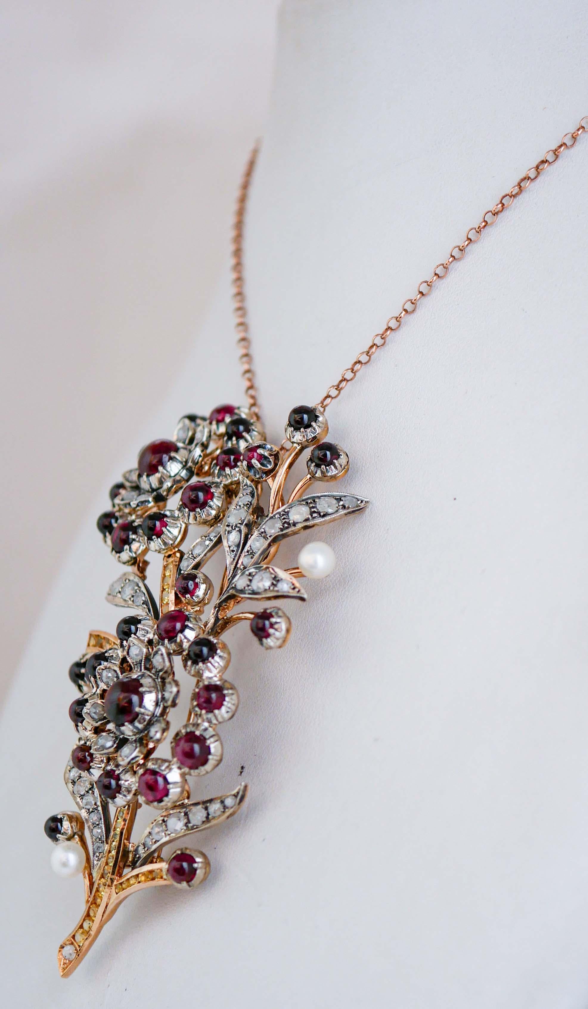 Retro Garnets, Sapphires, Diamonds, Pearl, Rose Gold and Silver Brooch. For Sale