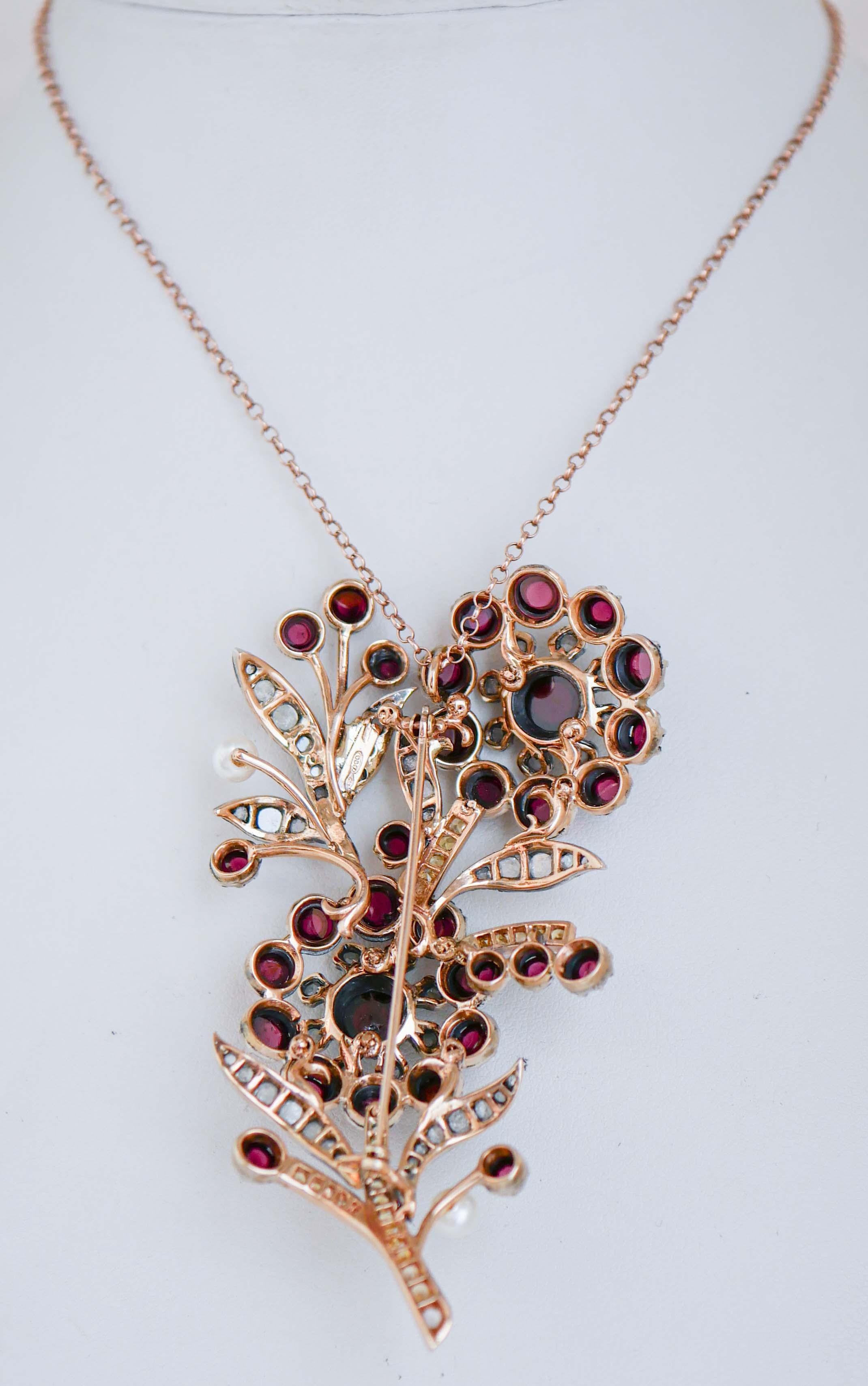 Mixed Cut Garnets, Sapphires, Diamonds, Pearl, Rose Gold and Silver Brooch. For Sale