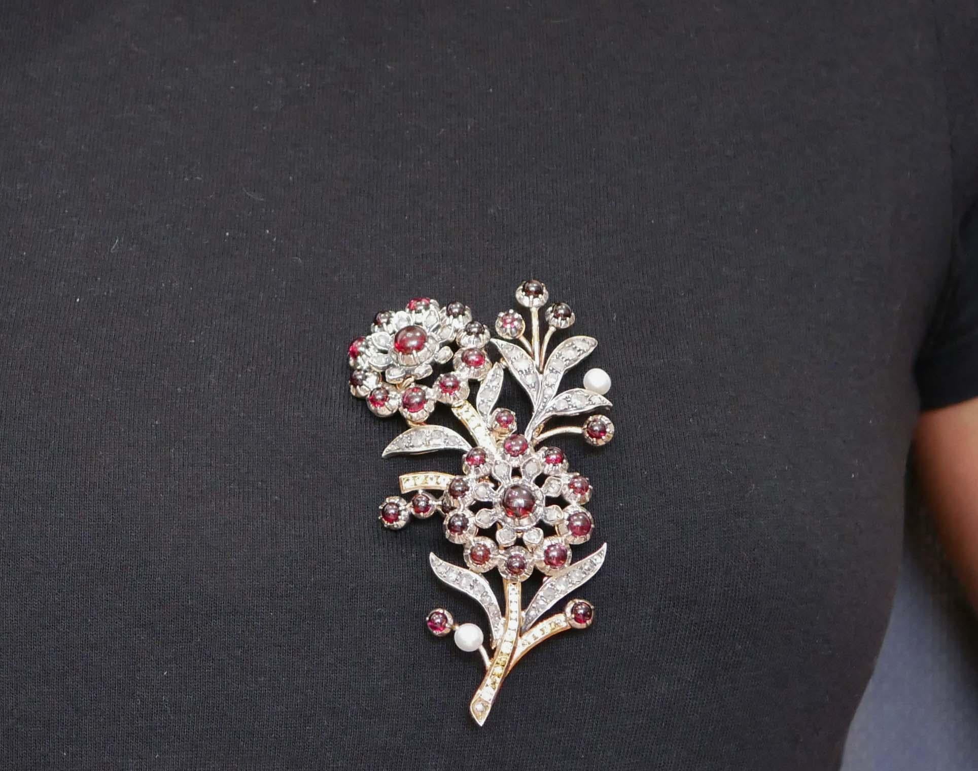 Garnets, Sapphires, Diamonds, Pearl, Rose Gold and Silver Brooch. For Sale 2
