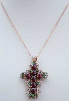 Garnets, Spinel, Diamonds, Rose Gold and Silver Cross Pendant Necklace.