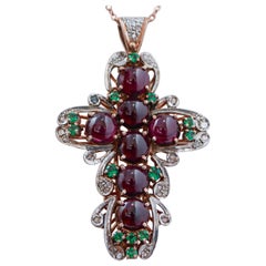 Garnets, Spinel, Diamonds, Rose Gold and Silver Cross Pendant Necklace.