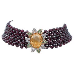Granate, Topas, grüne Steine, Diamanten, Roségold und Silber Retrò Halskette