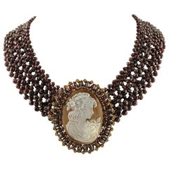 Retro Garnets, Yellow Topazes, Cameo, 9 Karat Rose Gold and Silver Necklace