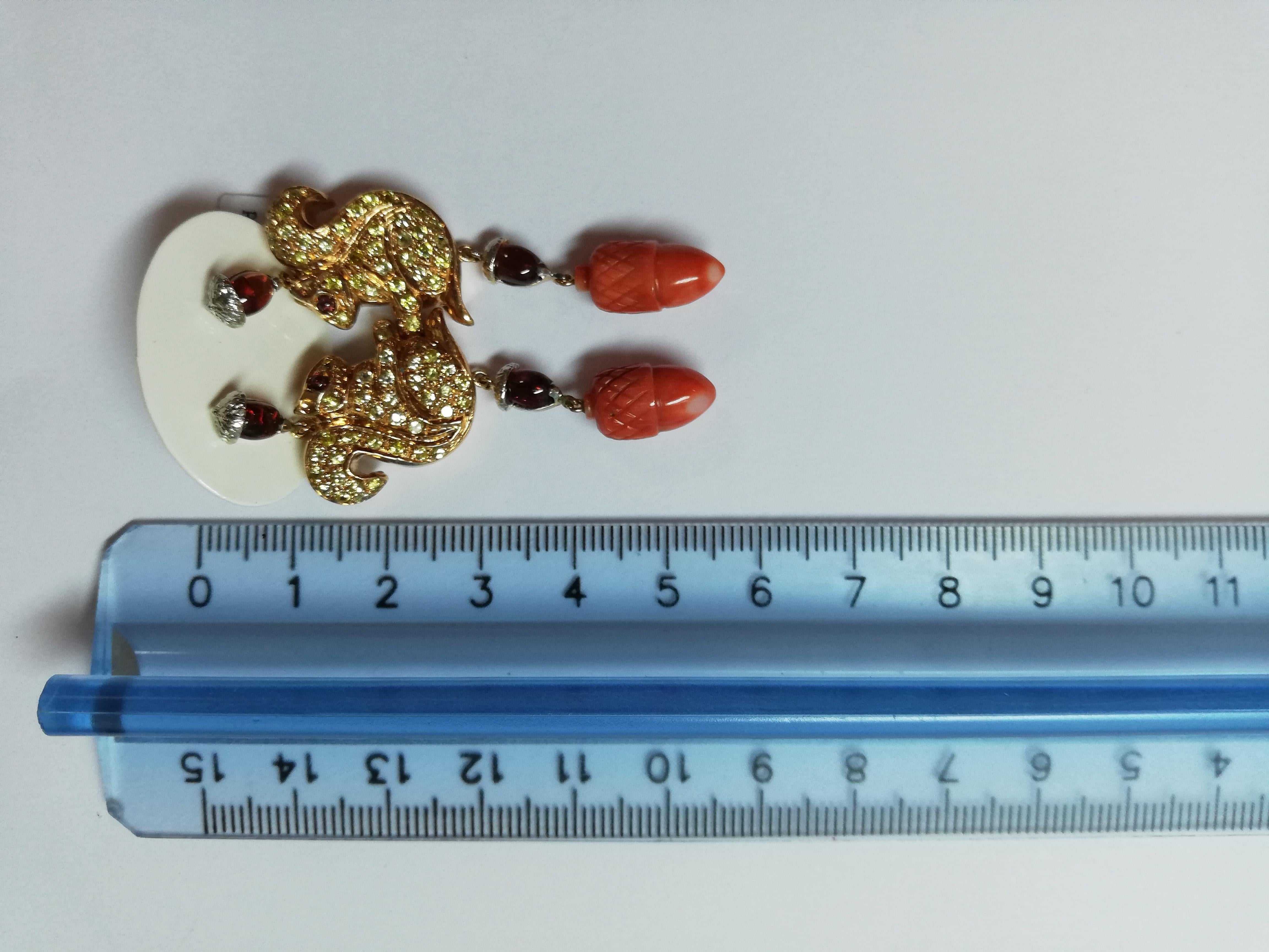 Garnets, Zirconia, Coral, Yellow Gold, Silver, Squirrel Earrings 4