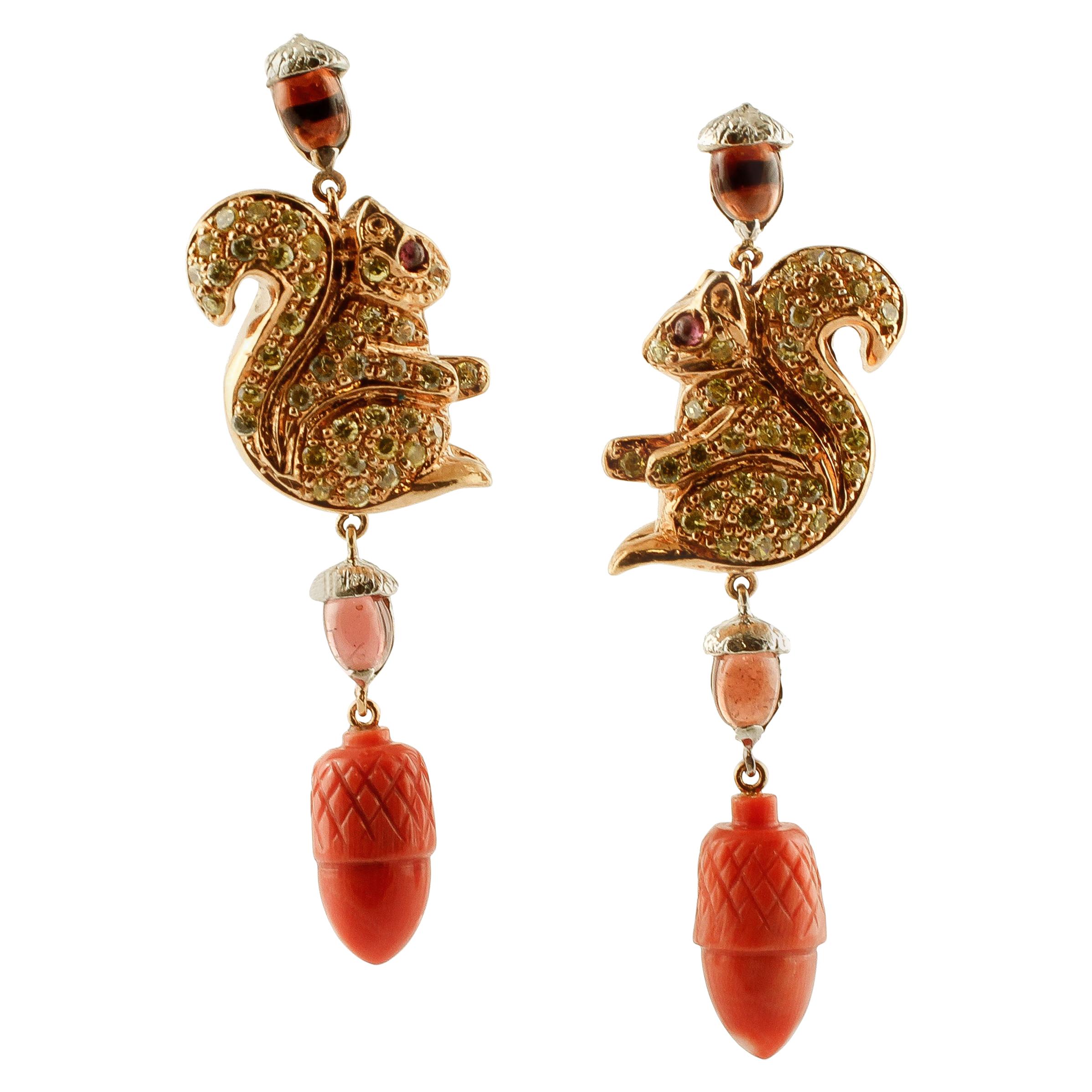 Garnets, Zirconia, Coral, Yellow Gold, Silver, Squirrel Earrings