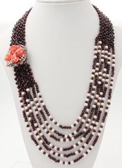 Garnets Diamonds Emeralds Topaz, Pearls, Coral 9kt, Gold and Silver Necklace