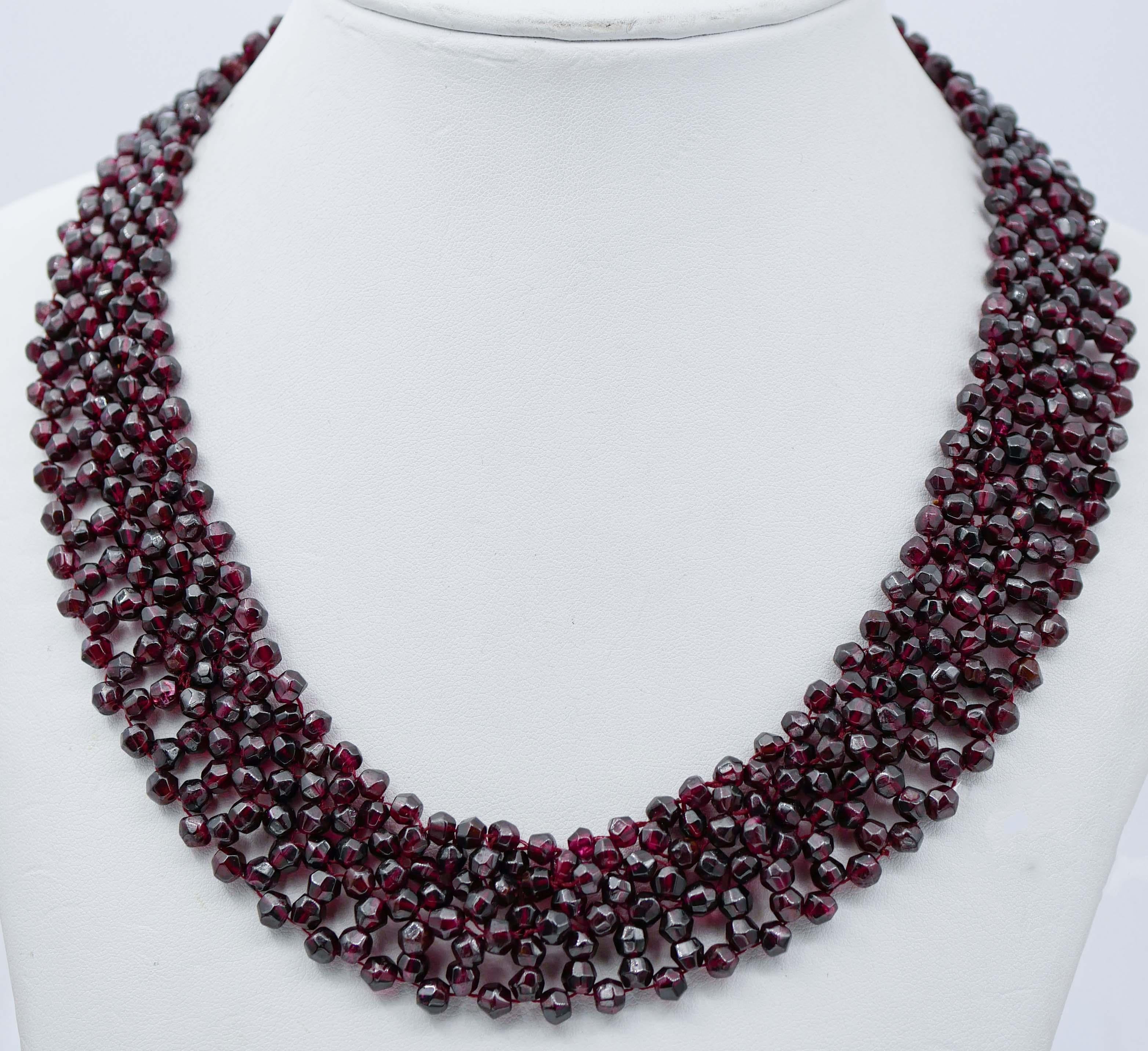 Retro Garnets, Pearl, Rubies, Diamonds, Rose Gold and Silver Necklace For Sale