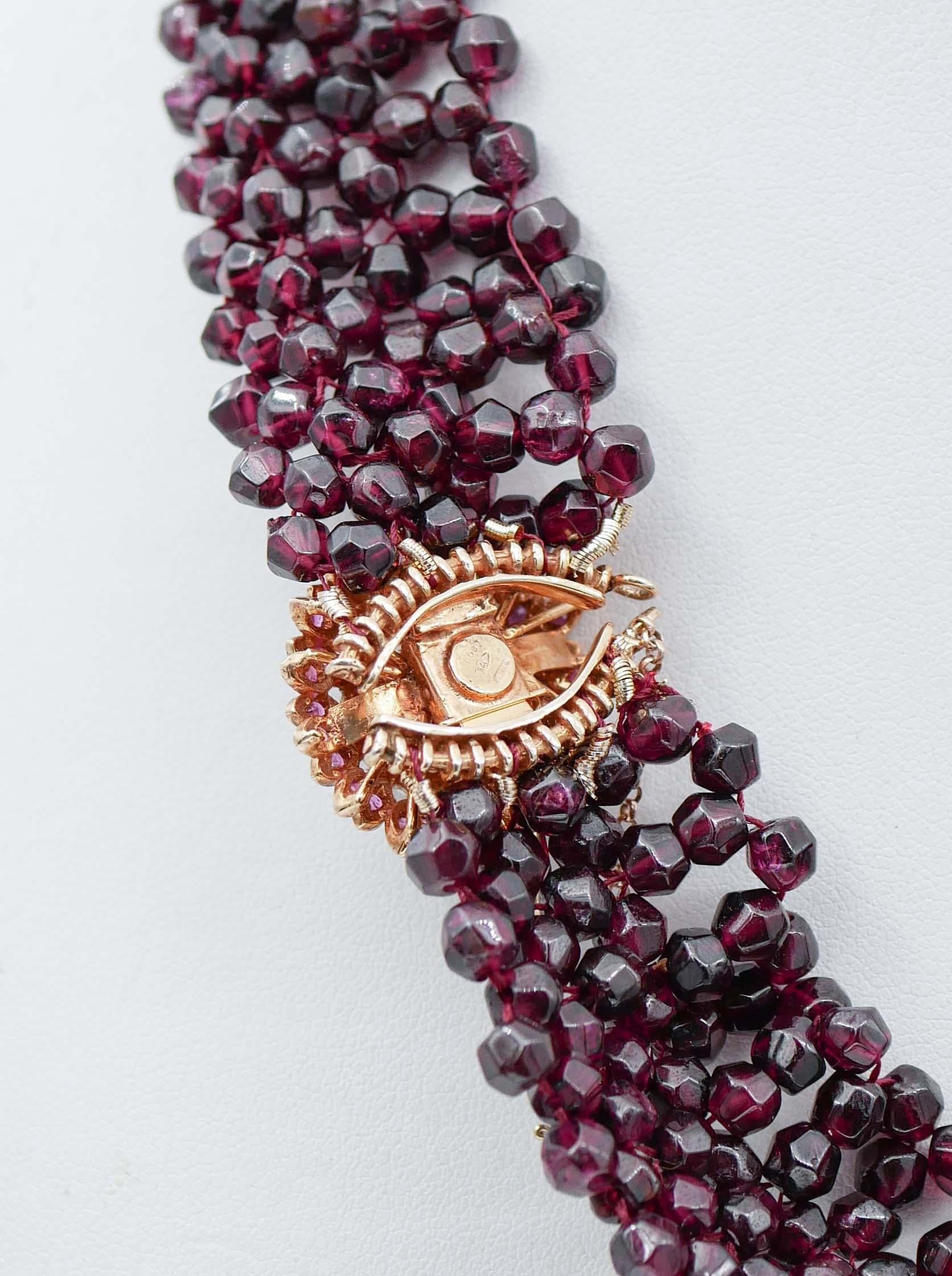 Mixed Cut Garnets, Pearl, Rubies, Diamonds, Rose Gold and Silver Necklace For Sale