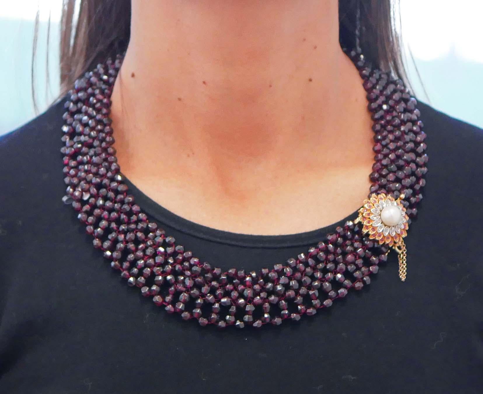 Women's Garnets, Pearl, Rubies, Diamonds, Rose Gold and Silver Necklace For Sale