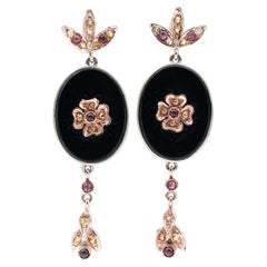 Garnets, Sapphires, Onyx, 9 Karat Rose Gold and Silver Retrò Earrings