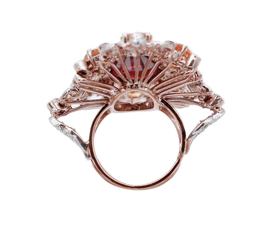 Retro Garnets, Topazs, Diamonds, 9 Karat Rose Gold and Silver Cocktail Ring For Sale
