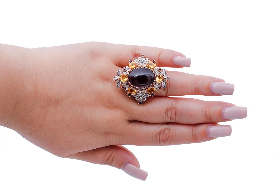 Mixed Cut Garnets, Topazs, Diamonds, 9 Karat Rose Gold and Silver Cocktail Ring For Sale