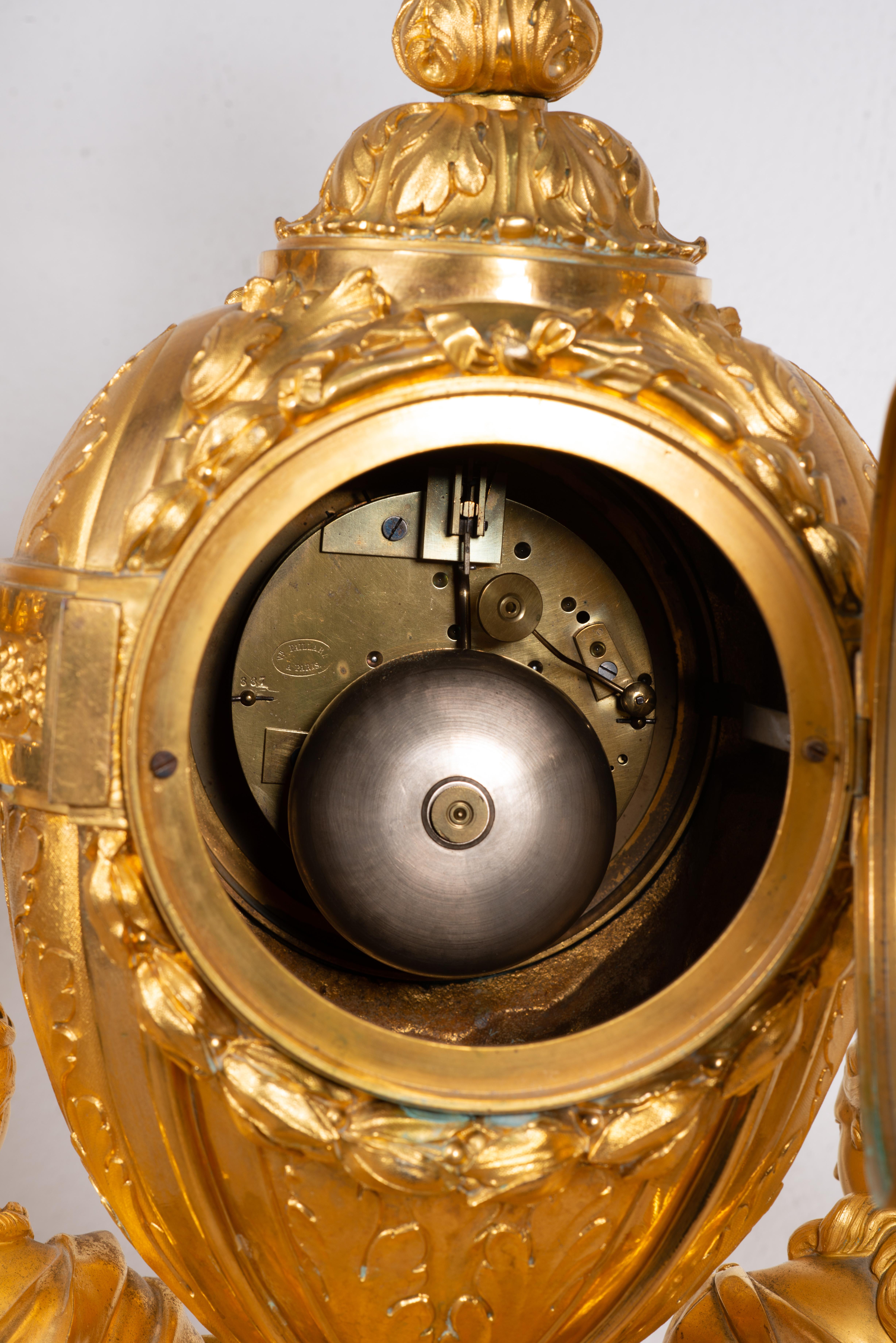Garnish, clock and two candlesticks. Gilt bronze. H Picard and V Paillard. 19thc For Sale 7