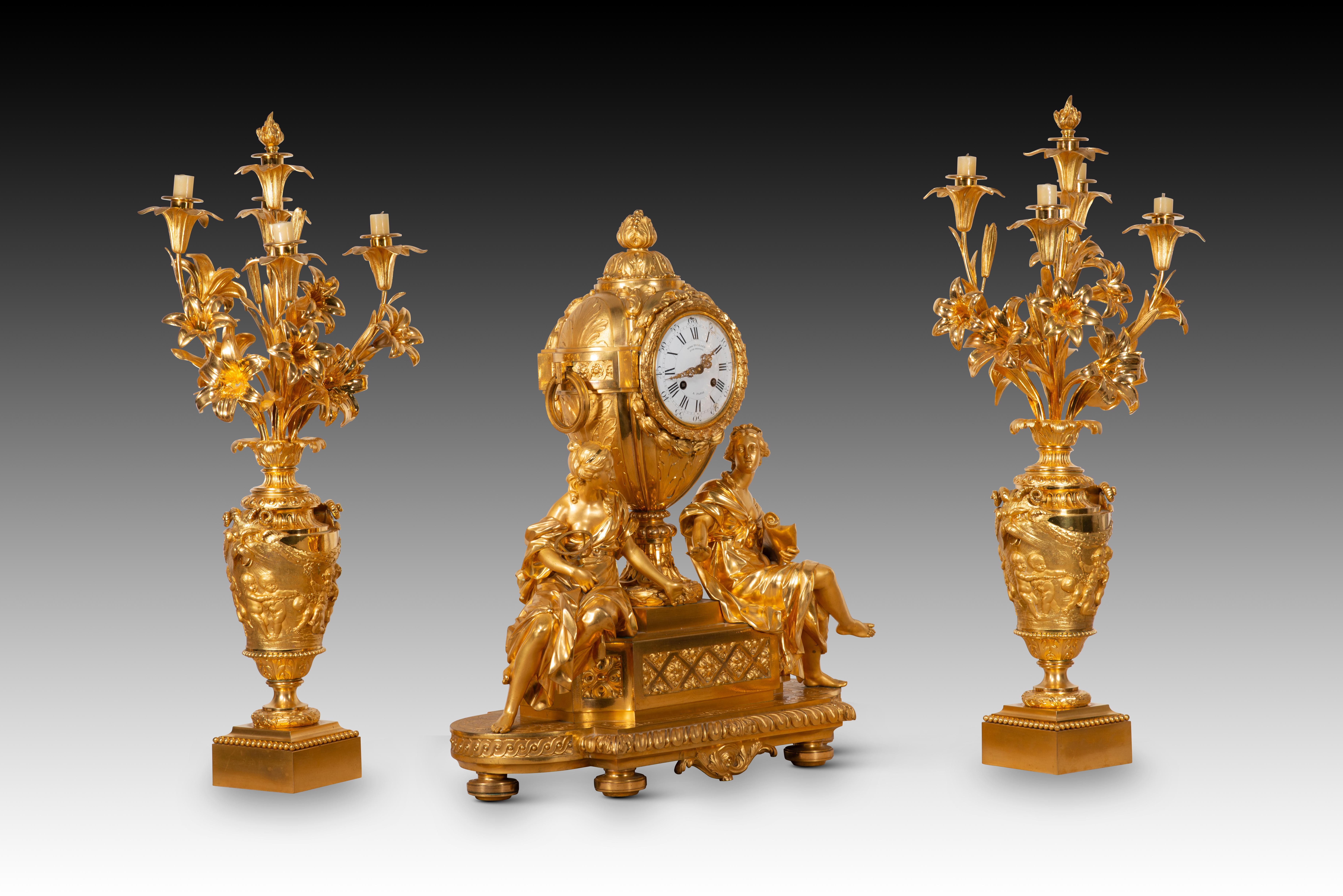 Other Garnish, clock and two candlesticks. Gilt bronze. H Picard and V Paillard. 19thc For Sale