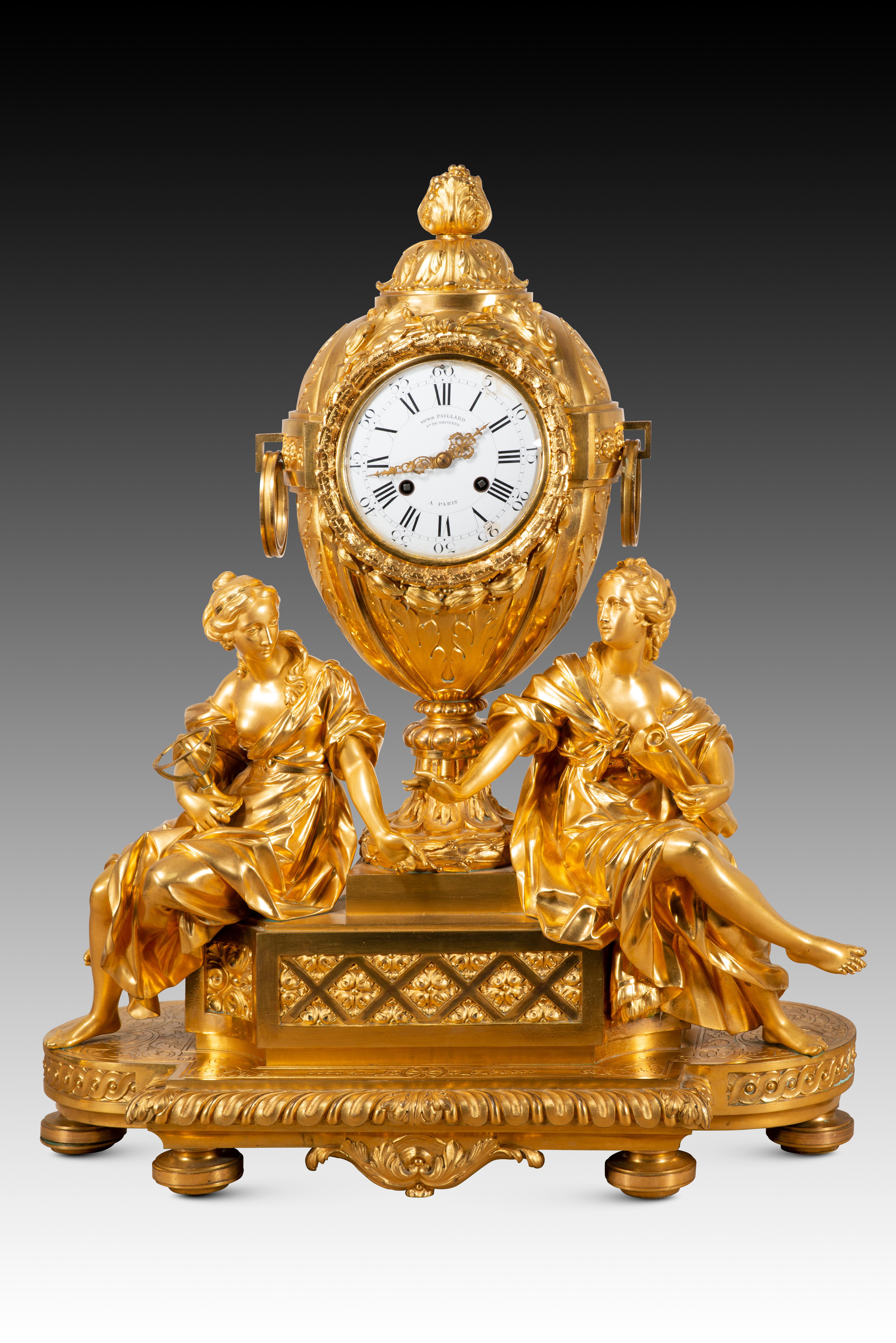Garnish, clock and two candlesticks. Gilt bronze. H Picard and V Paillard. 19thc In Good Condition For Sale In Madrid, ES