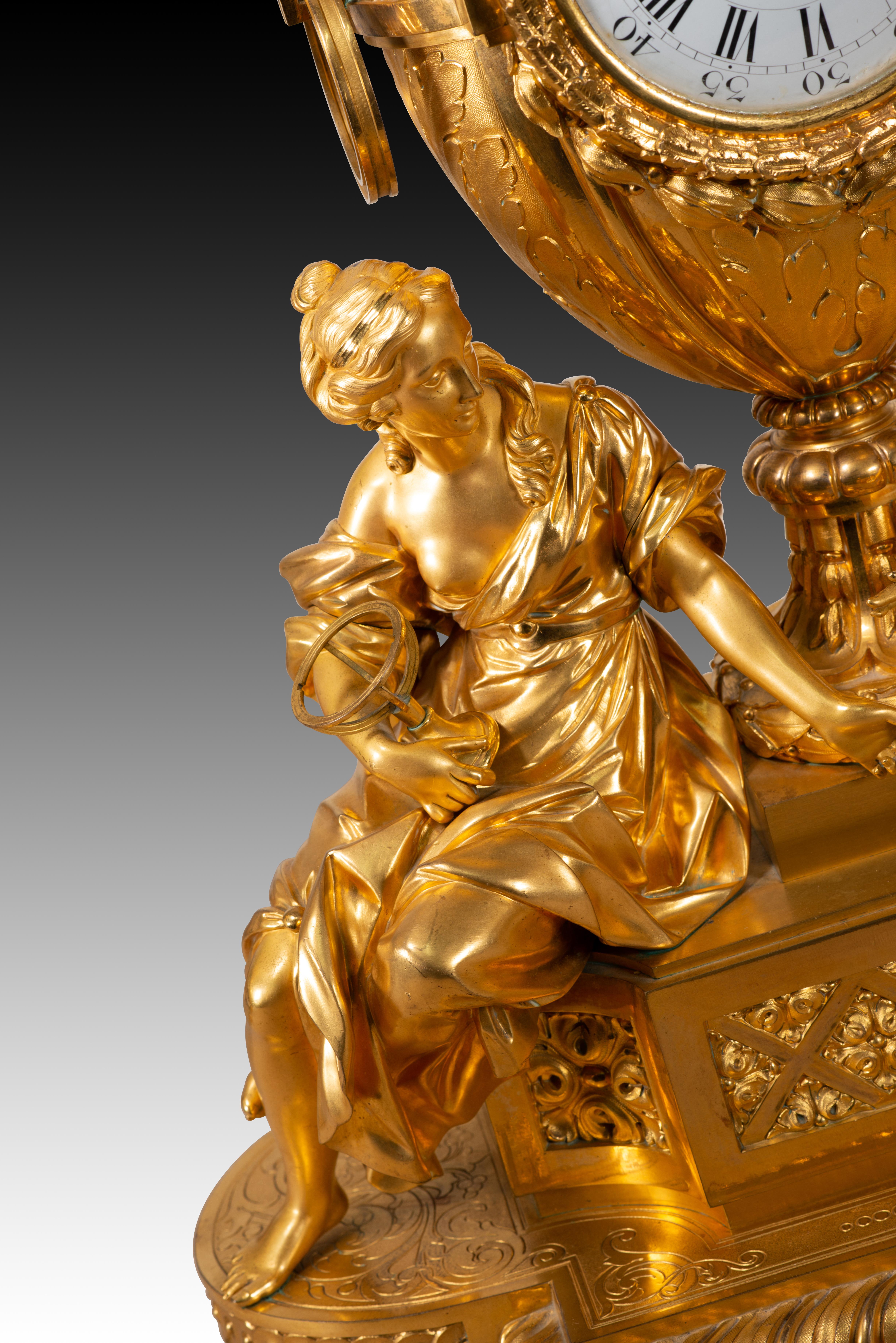 Bronze Garnish, clock and two candlesticks. Gilt bronze. H Picard and V Paillard. 19thc For Sale