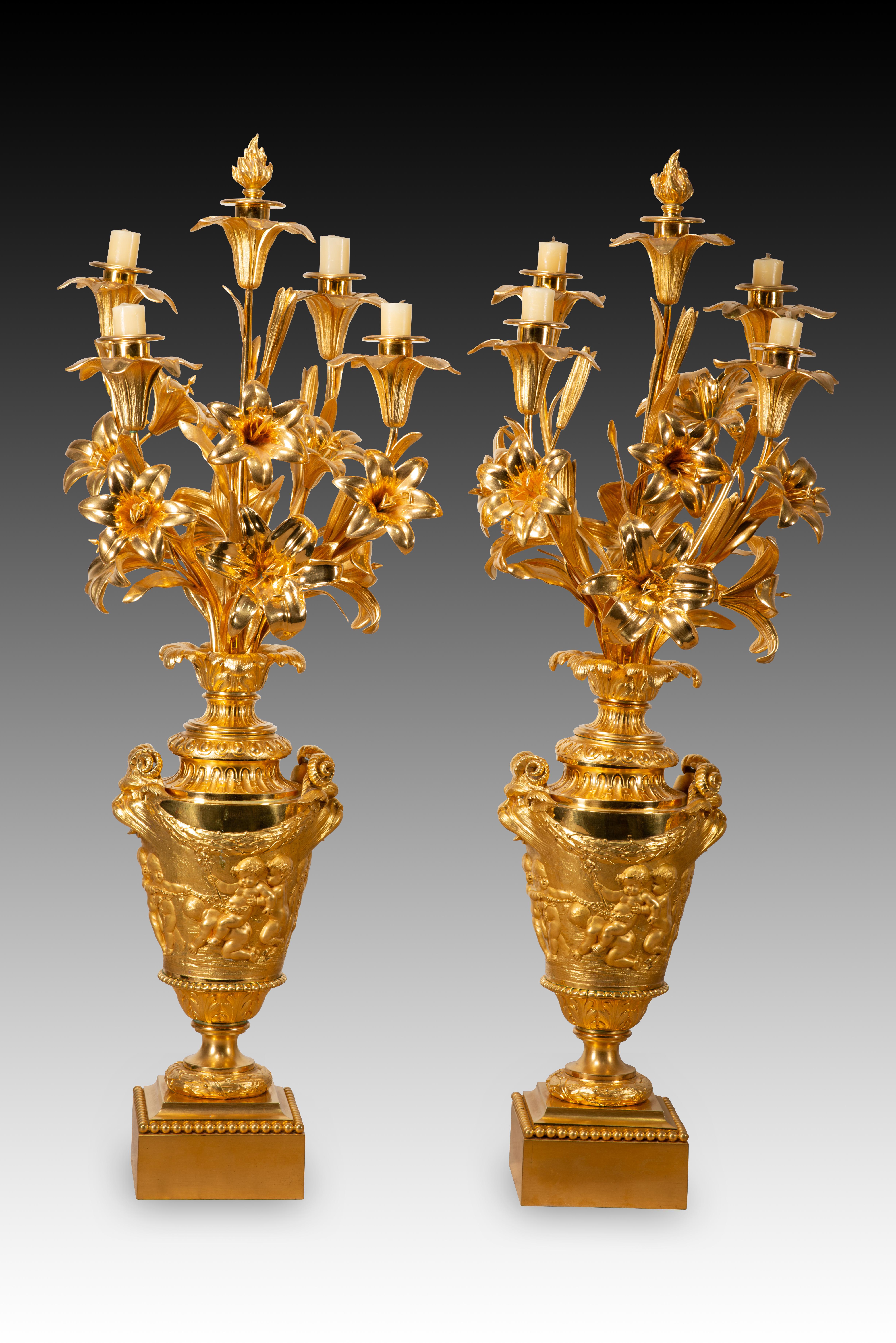 Garnish, clock and two candlesticks. Gilt bronze. H Picard and V Paillard. 19thc For Sale 2