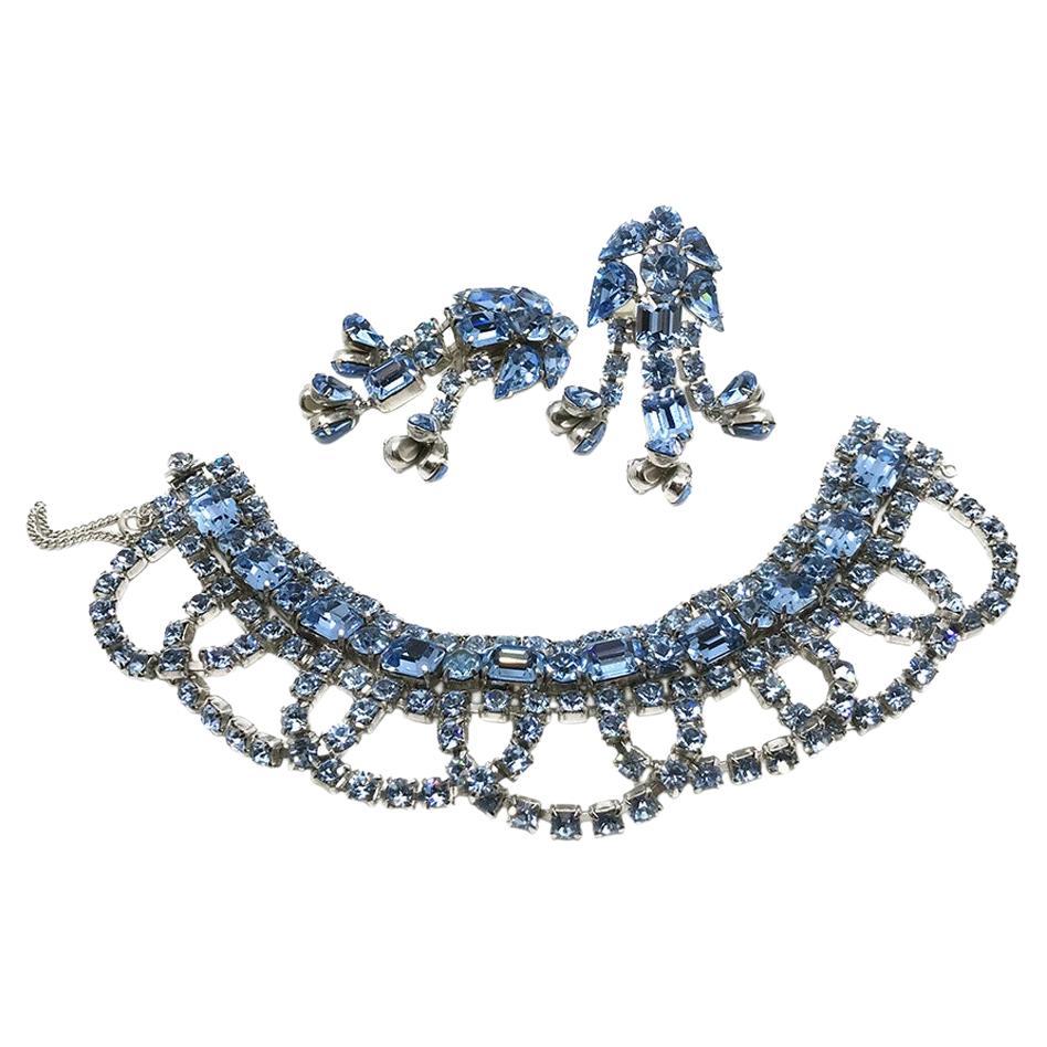 Garnished Blue Rhinestone Bracelet and Earrings Demi-parure 
