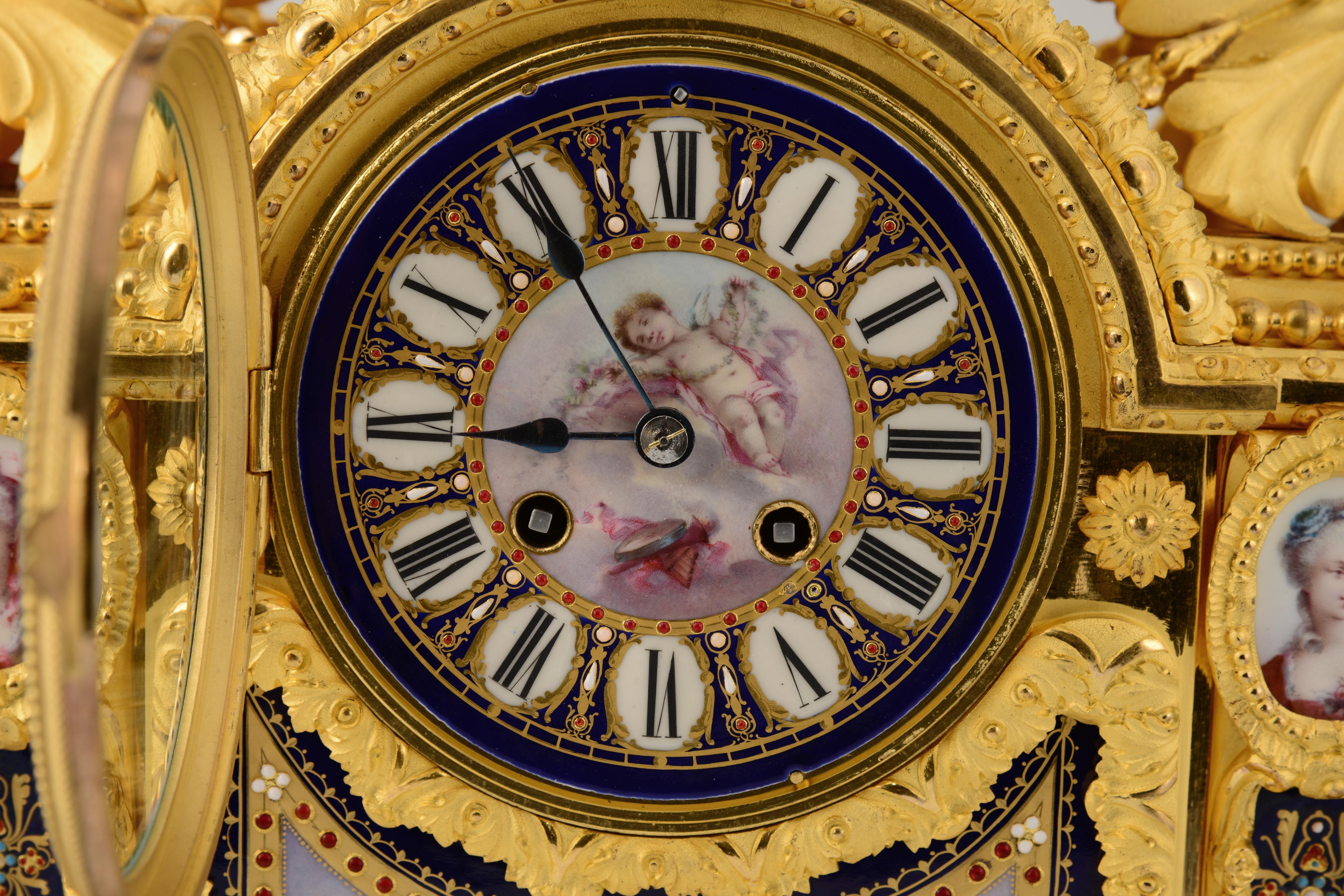 Garniture, clock and candelabra. Bronze, porcelain. France, 19th century. For Sale 4