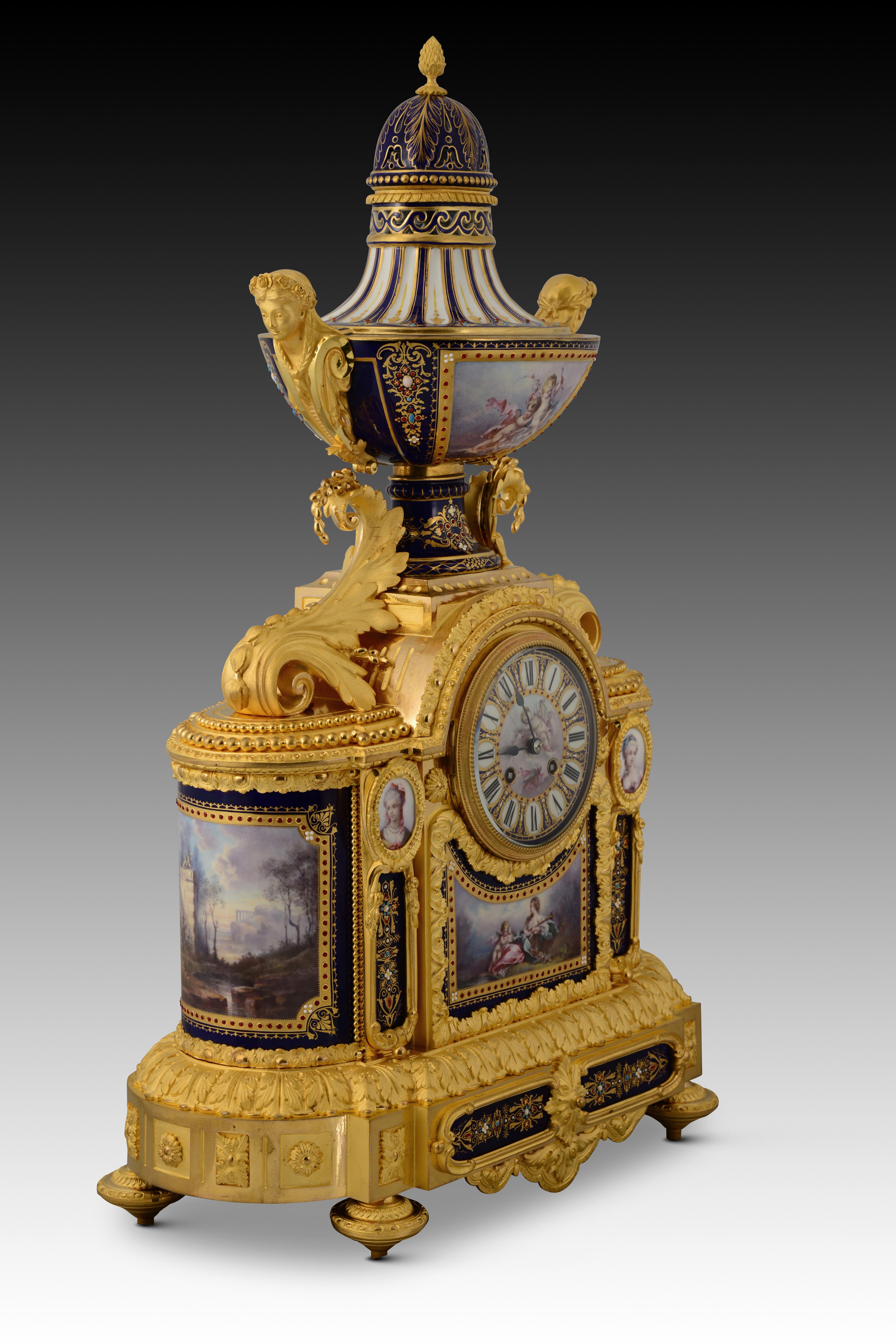 Garniture, clock and candelabra. Bronze, porcelain. France, 19th century. For Sale 7