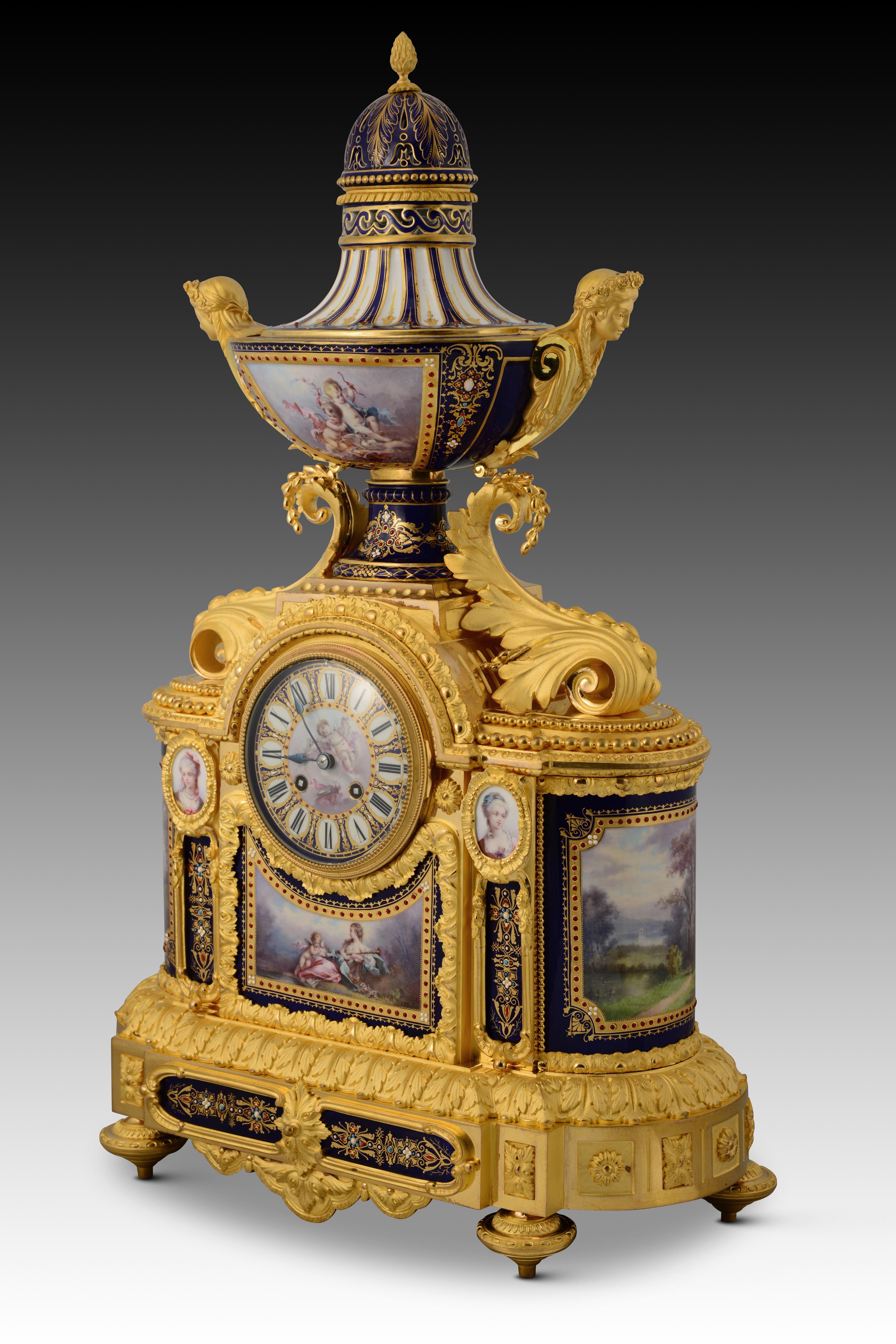 Garniture, clock and candelabra. Bronze, porcelain. France, 19th century. For Sale 8
