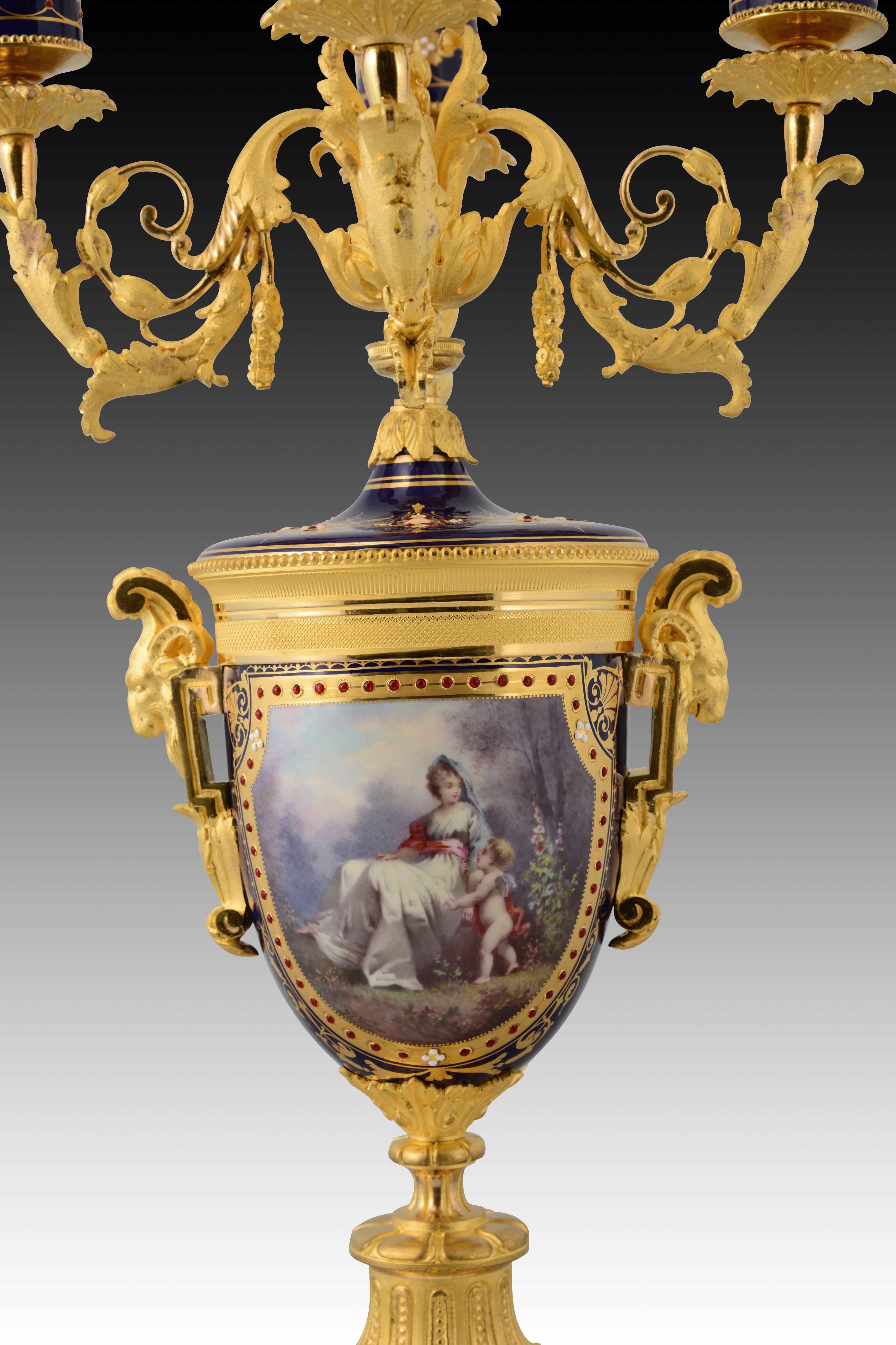 Garniture, clock and candelabra. Bronze, porcelain. France, 19th century. For Sale 11
