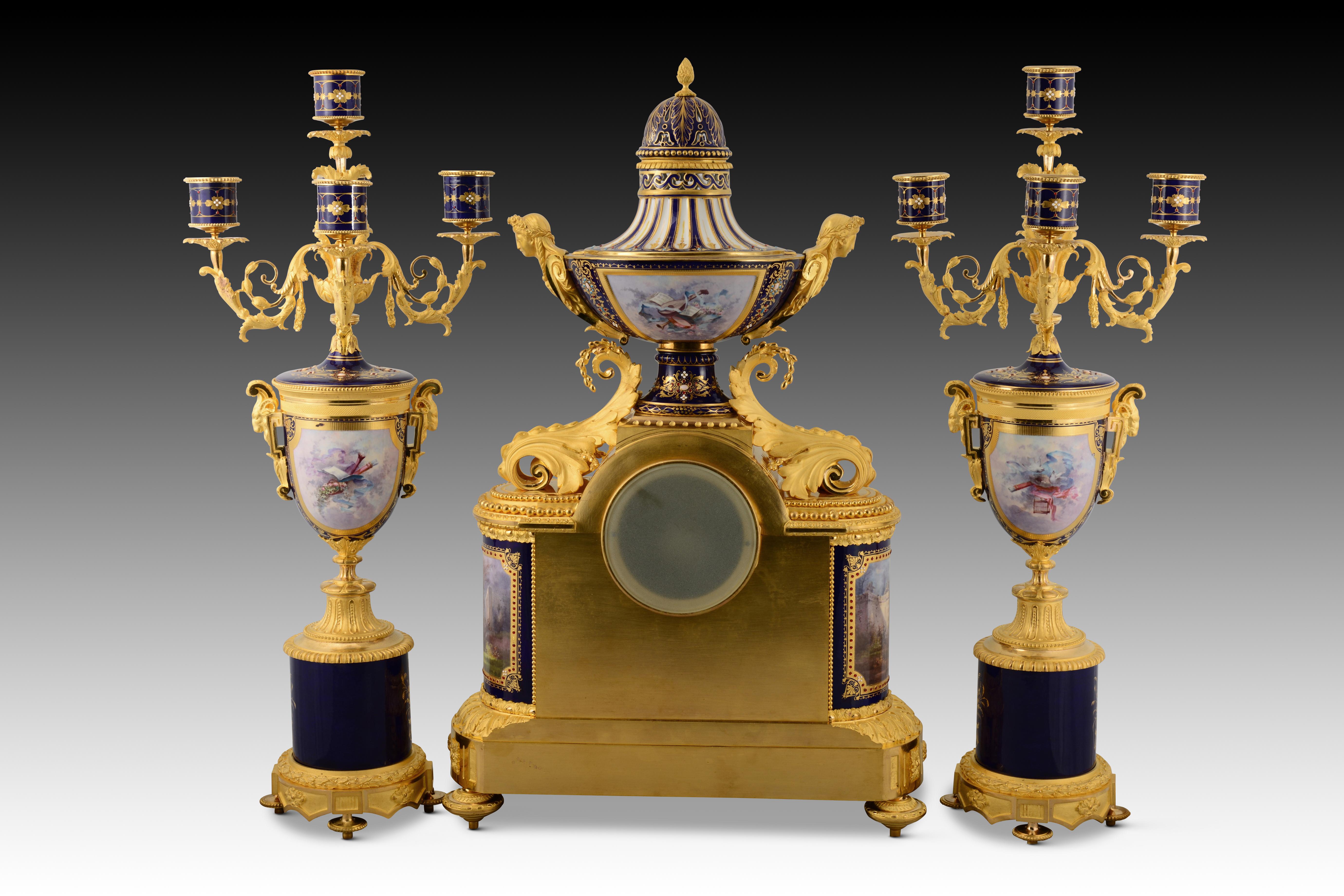 Neoclassical Revival Garniture, clock and candelabra. Bronze, porcelain. France, 19th century. For Sale