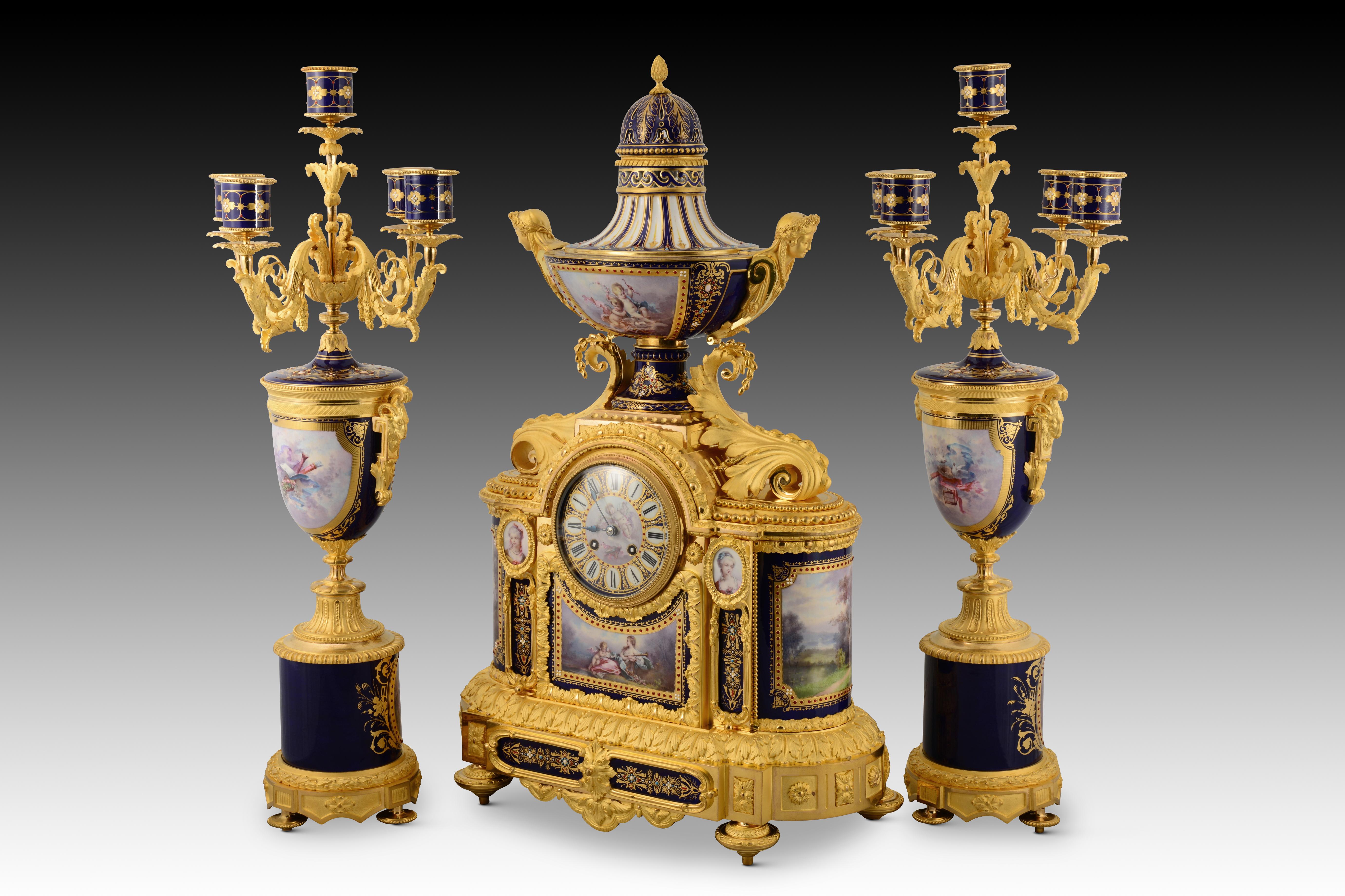 French Garniture, clock and candelabra. Bronze, porcelain. France, 19th century. For Sale