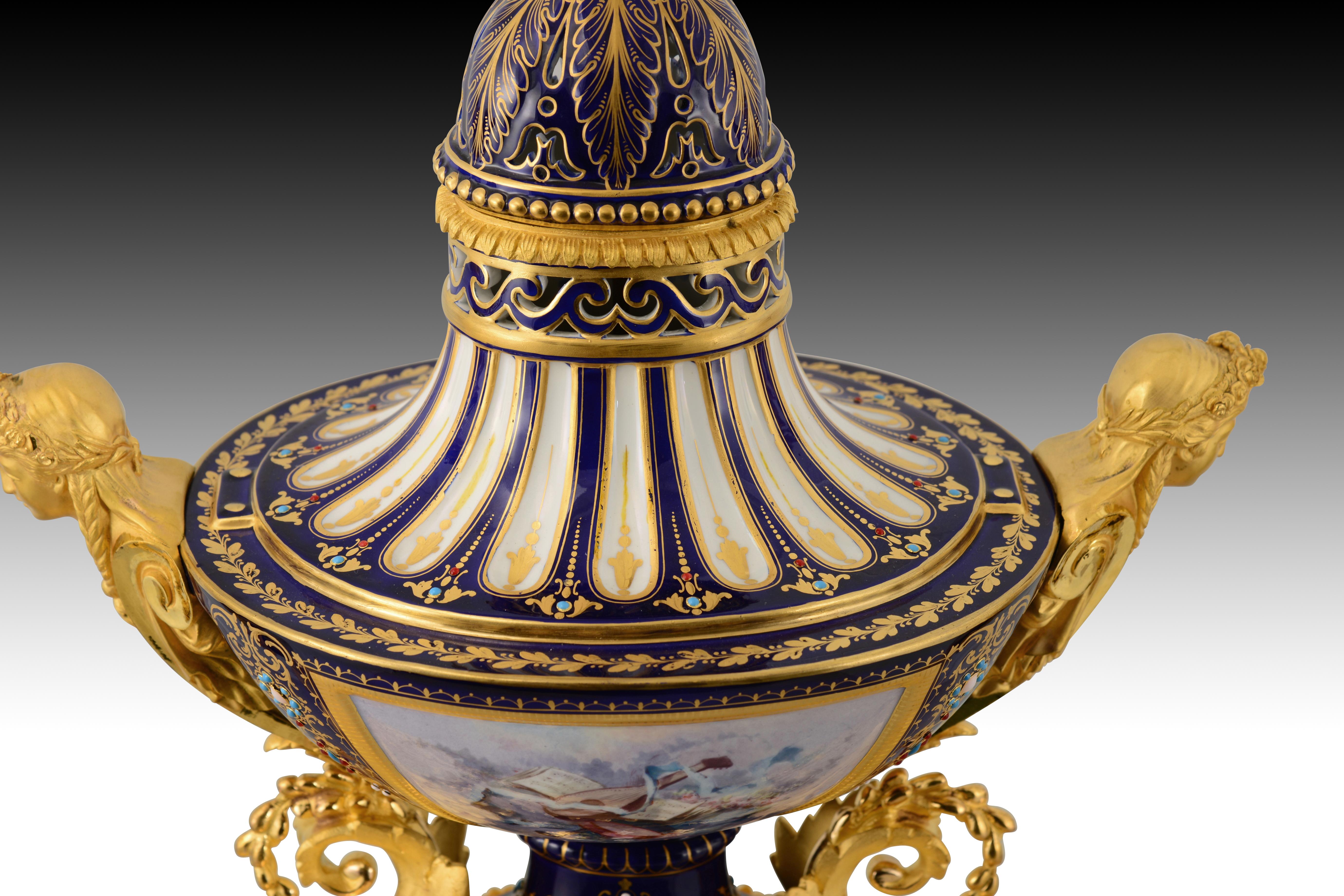 Metal Garniture, clock and candelabra. Bronze, porcelain. France, 19th century. For Sale
