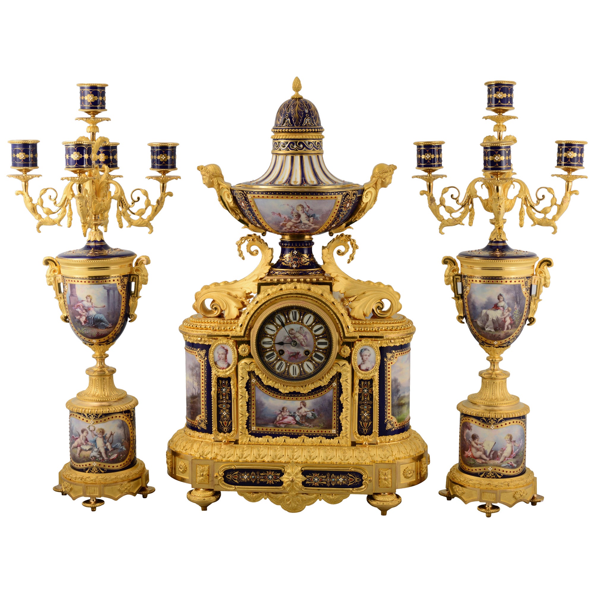 Garniture, clock and candelabra. Bronze, porcelain. France, 19th century.