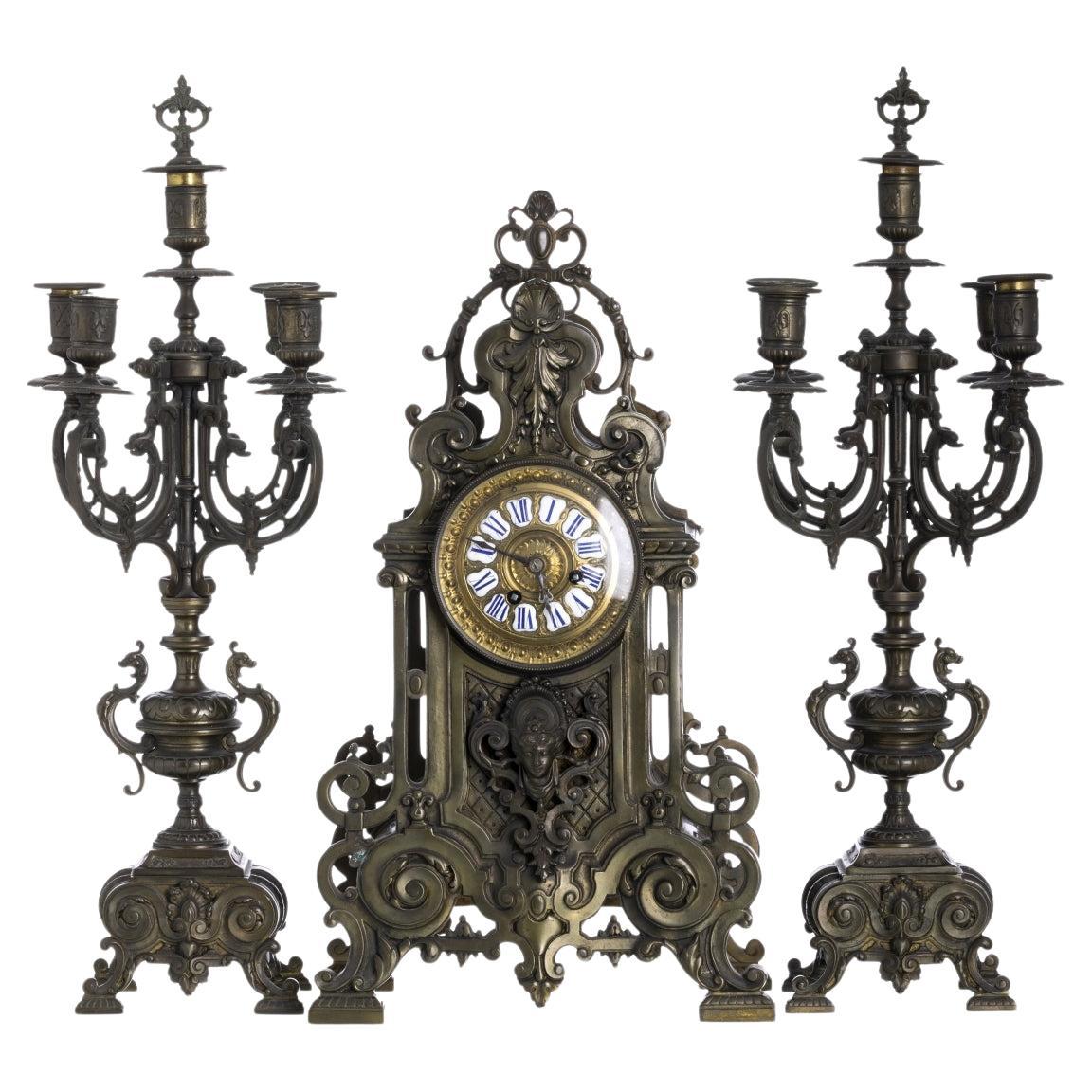 Garniture-Clock And Pair Of Candelabra For Sale