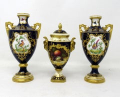 Garniture Coalport Porcelain Vases Urns Hand Painted Still Life Flowers Birds